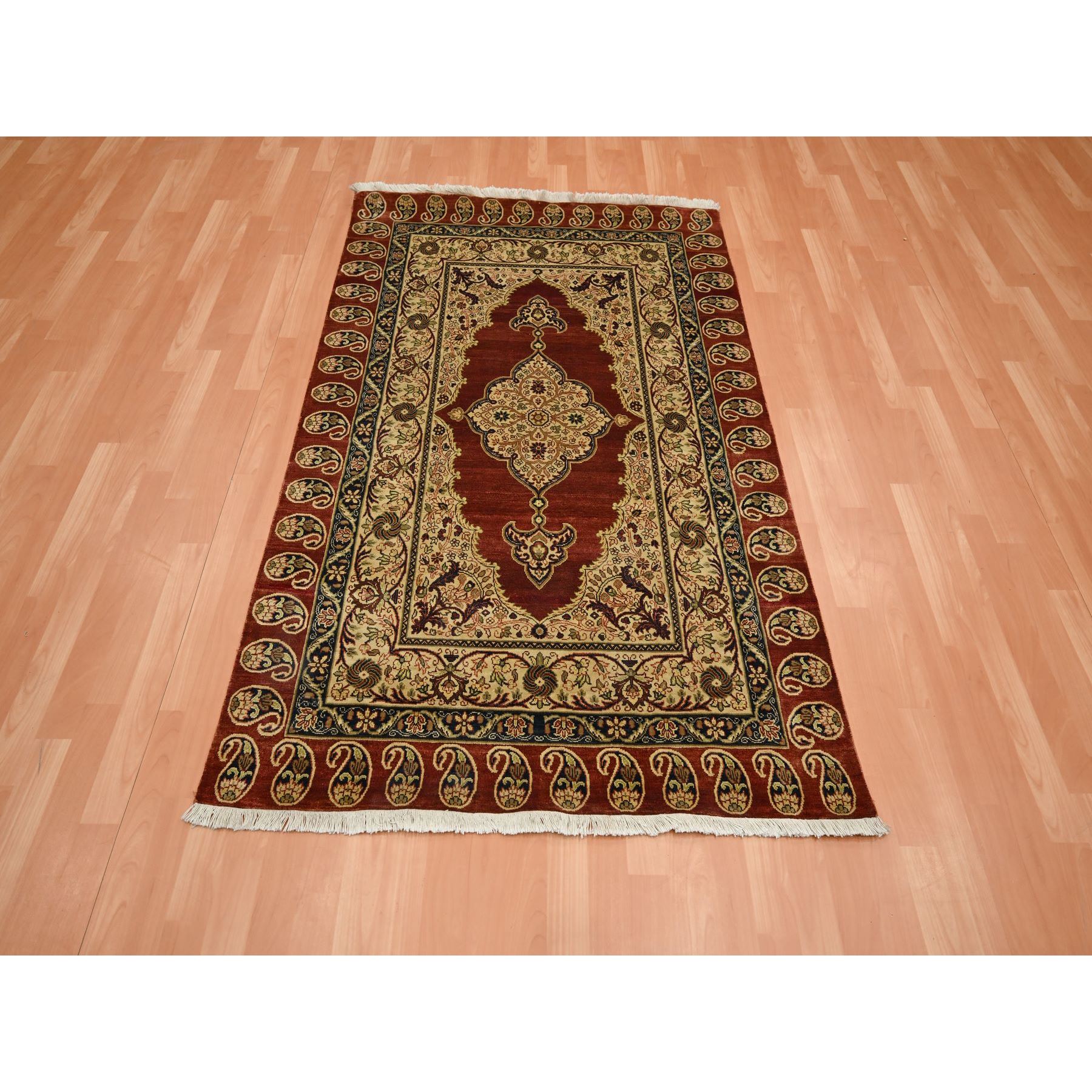 4'x6' Wine Red, Pure Silk, Tabriz Haji Jalili Paisley Design, Hand Knotted, Soft Pile, Oriental Rug Sh75647