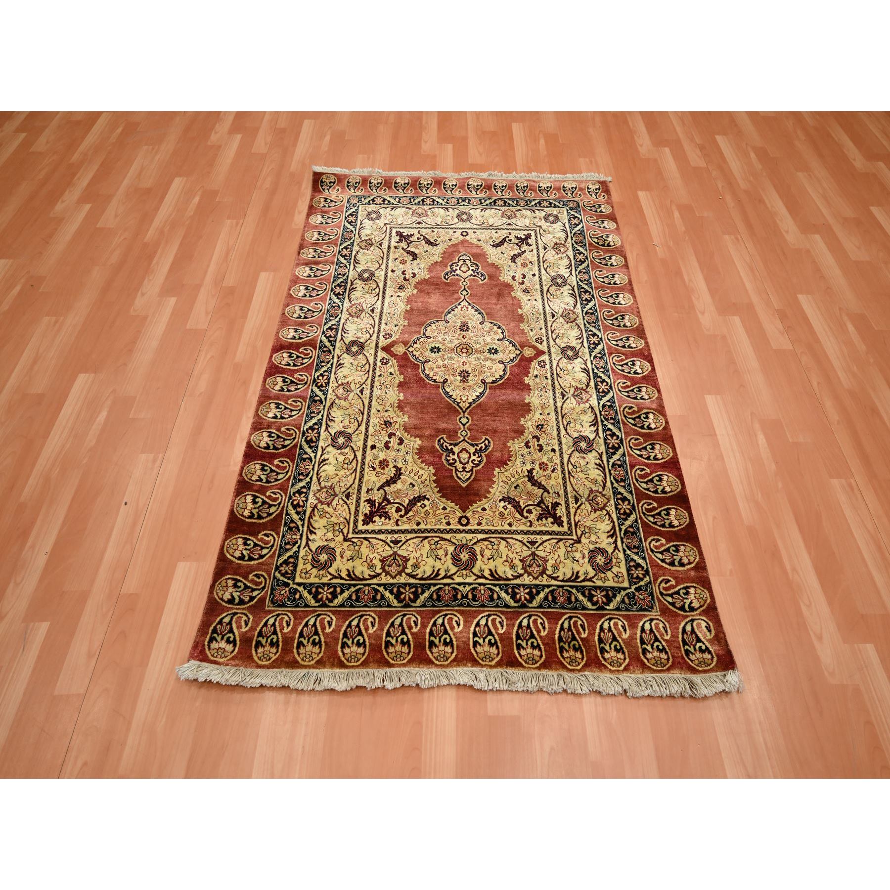 4'x6' Scarlet Red, Pure Silk, Tabriz Haji Jalili Paisley Design, Soft Pile, Hand Knotted, Oriental Rug Sh75648