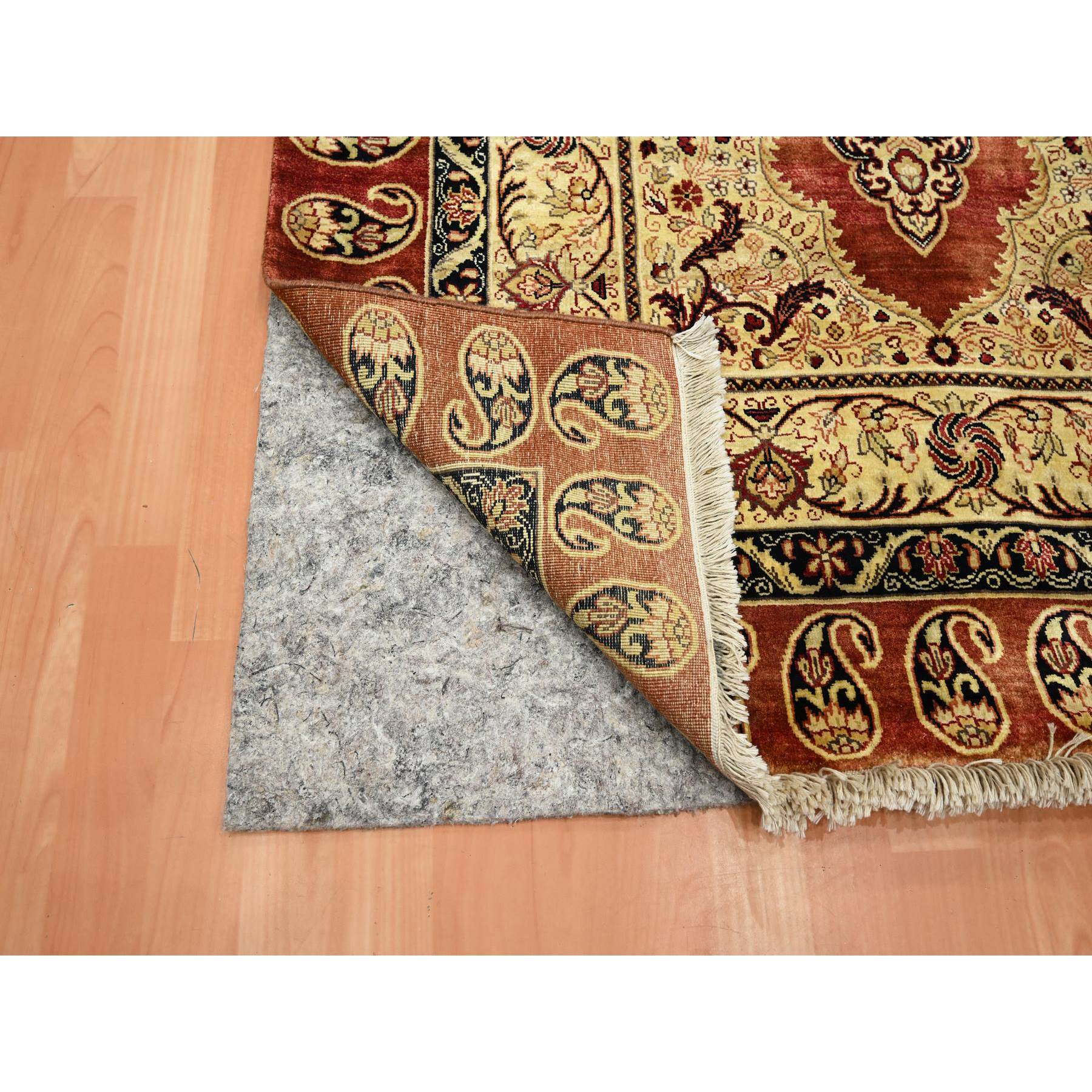 4'x6' Scarlet Red, Pure Silk, Tabriz Haji Jalili Paisley Design, Soft Pile, Hand Knotted, Oriental Rug Sh75648