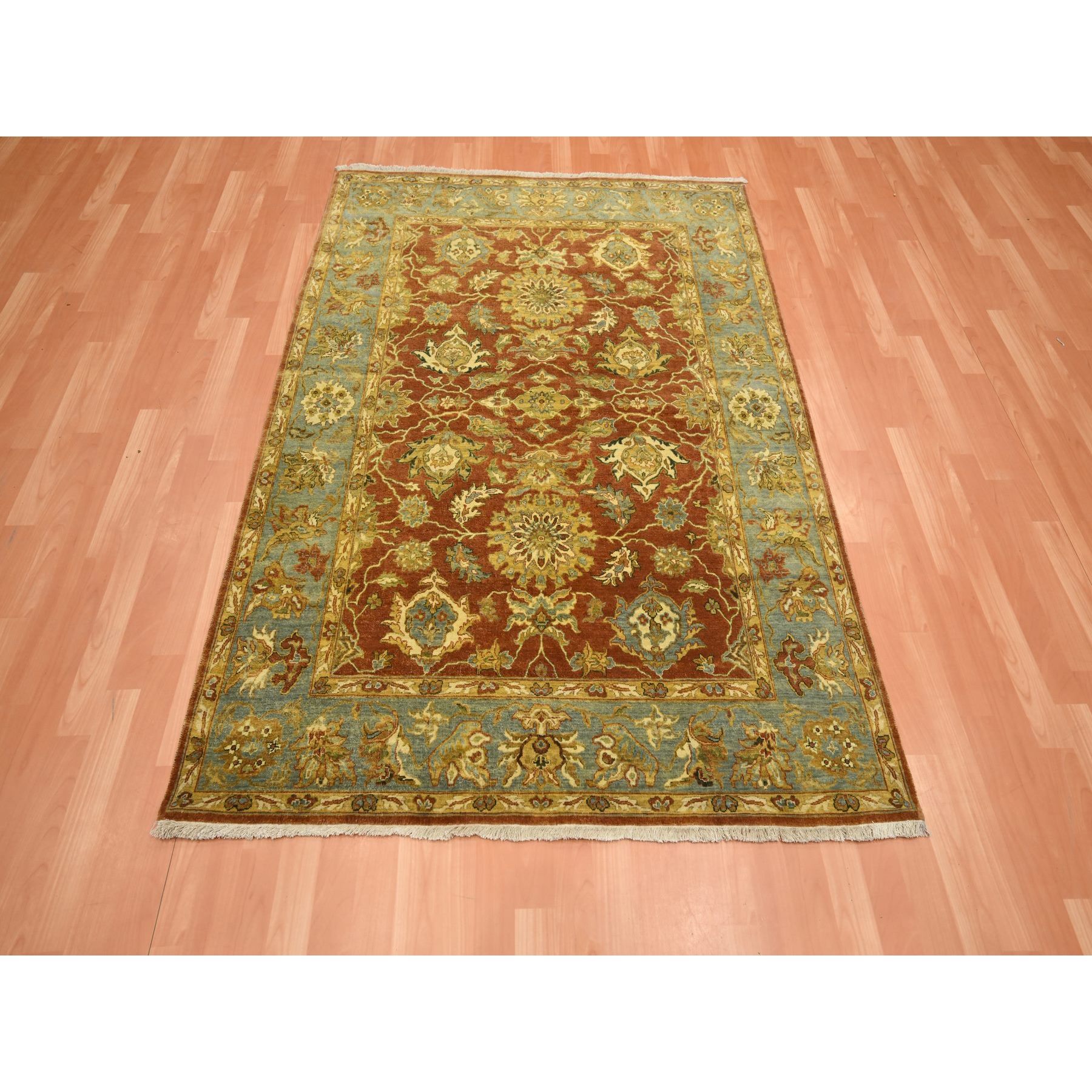 4'8"x6'4" Rust Red, Lamani Collection with Large Flower Motifs, 100% Wool, 300 KPSI, Hand Knotted, Oriental Rug Sh75650