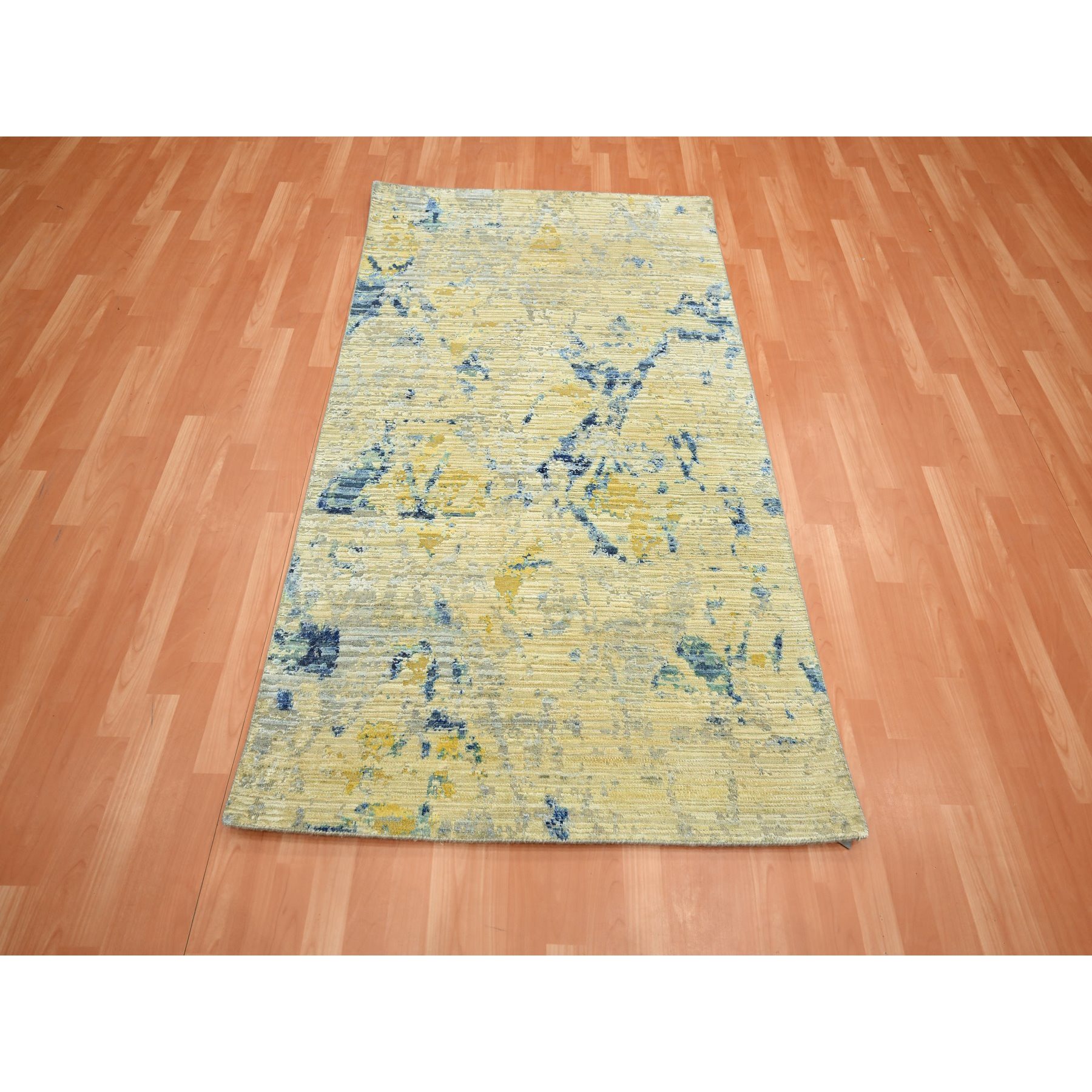 3'10"x6'3" Khaki Brown with Touches of Navy, Silk with Oxidized Wool, Modern Design, Hand Knotted, Oriental Rug Shv