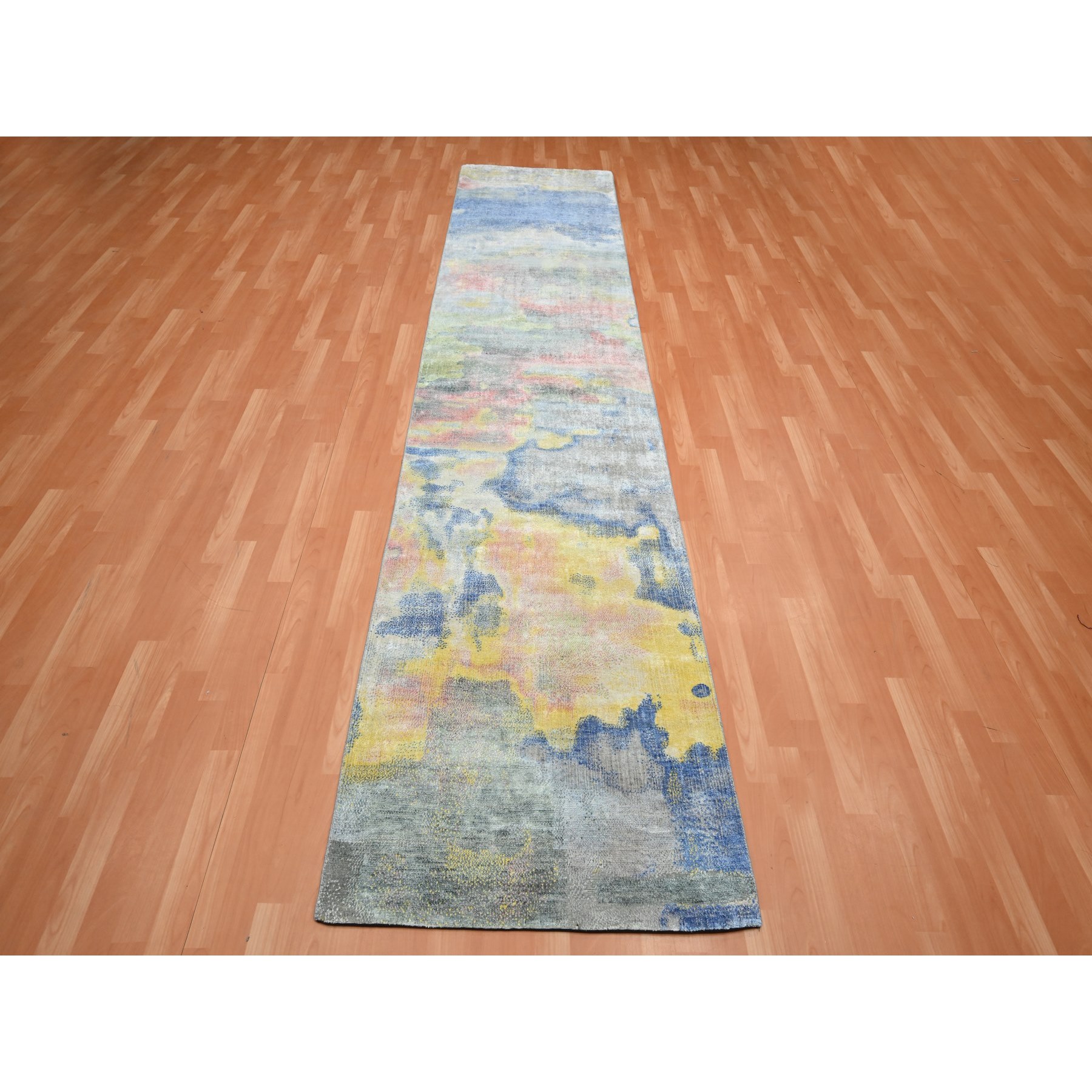 3'x12' Gray with Pastel Color Shades, Modern Design, Pure Silk, Shaved Low, Hand Knotted, Runner, Oriental Rug Sh75657