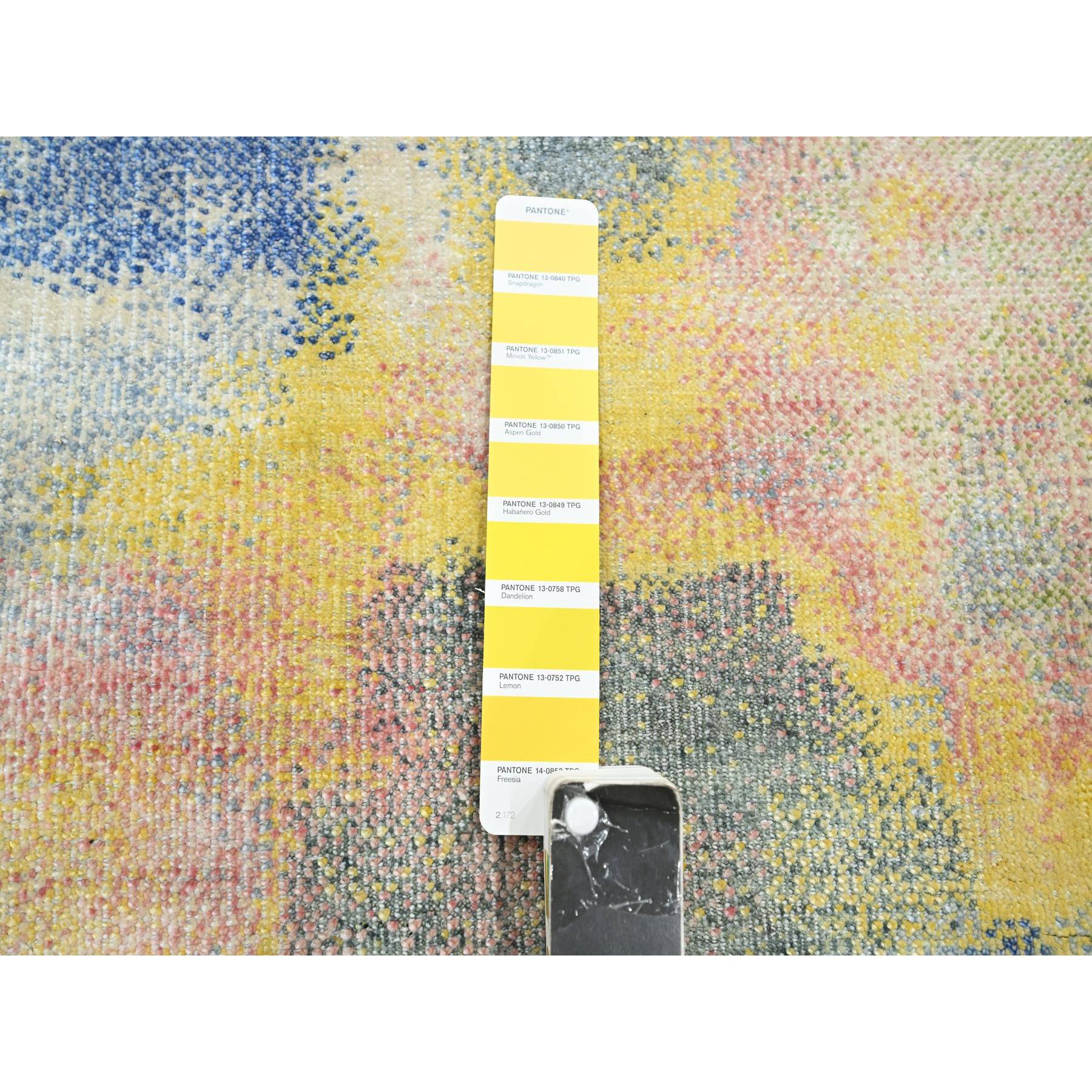 3'x12' Gray with Pastel Color Shades, Modern Design, Pure Silk, Shaved Low, Hand Knotted, Runner, Oriental Rug Sh75657