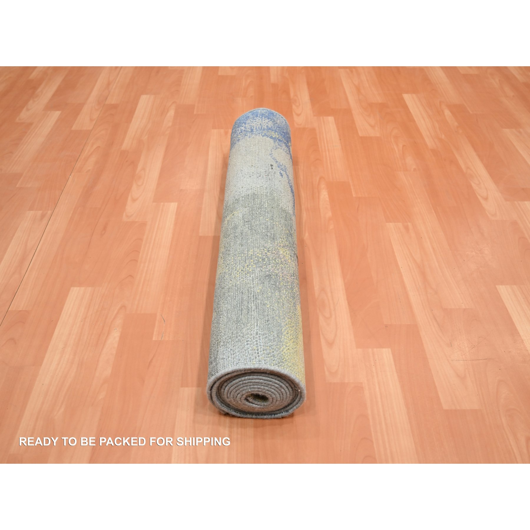 3'x12' Gray with Pastel Color Shades, Modern Design, Pure Silk, Shaved Low, Hand Knotted, Runner, Oriental Rug Sh75657