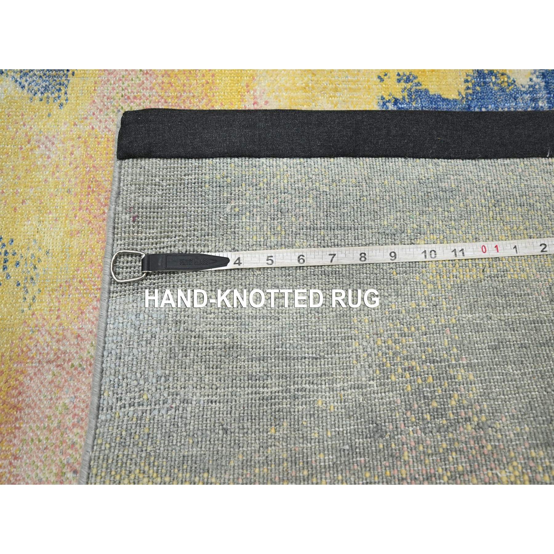 3'x12' Gray with Pastel Color Shades, Modern Design, Pure Silk, Shaved Low, Hand Knotted, Runner, Oriental Rug Sh75657