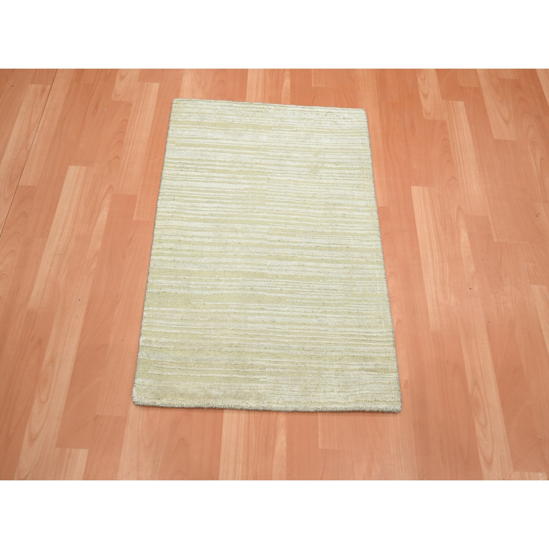 2'x3' Linen White, Plain Line Design, Silk with Oxidized Wool, Hand Knotted, Textured Pile, Sample, Mat, Oriental Rug Sh75660