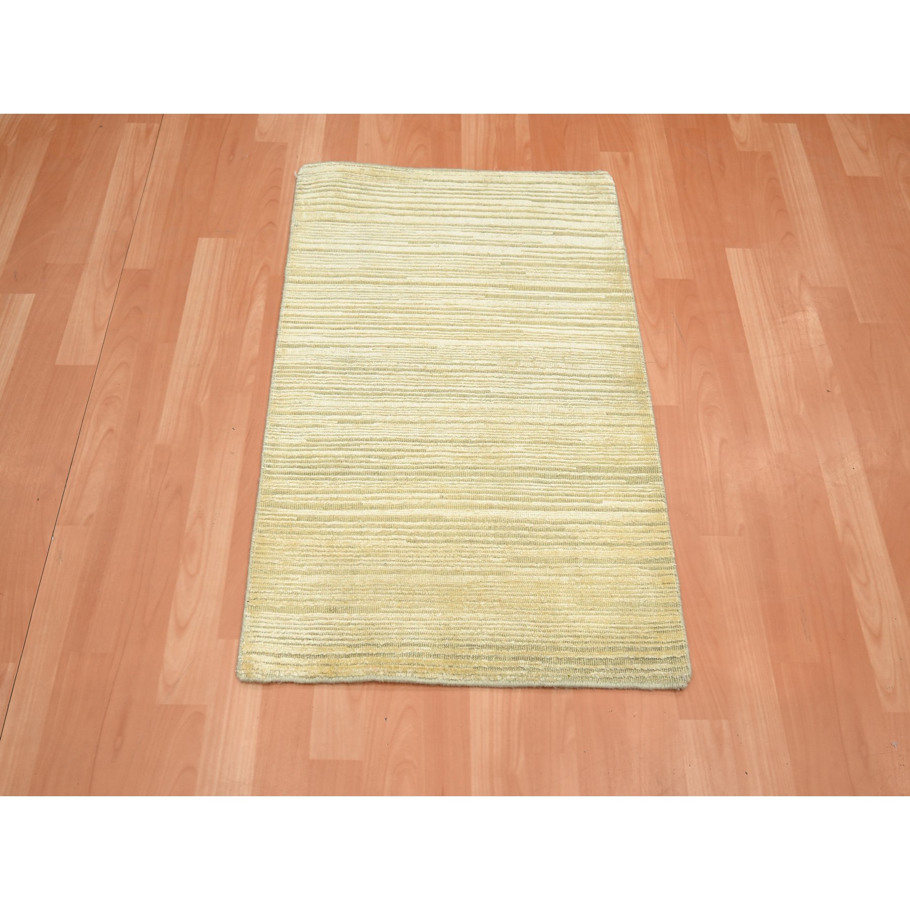 2'x3' Beige with Warm Tones, Plain Line Design, Textured Pile, Silk with Oxidized Wool, Hand Knotted, Sample, Mat, Oriental Rug Sh75662