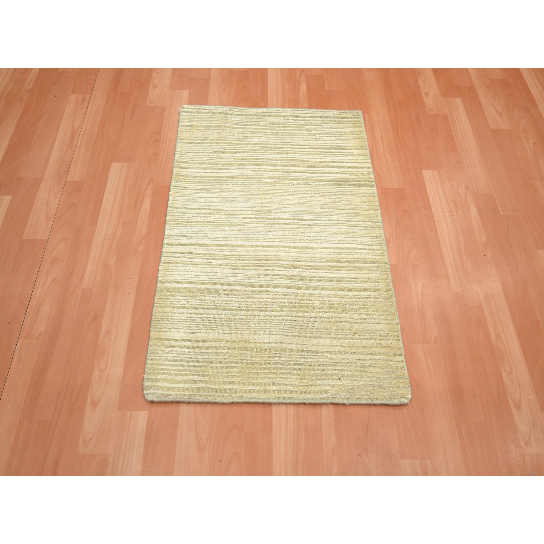 2'x3' Beige with Warm Tones, Plain Line Design, Silk with Oxidized Wool, Textured Pile, Hand Knotted, Sample, Mat, Oriental Rug Sh75663