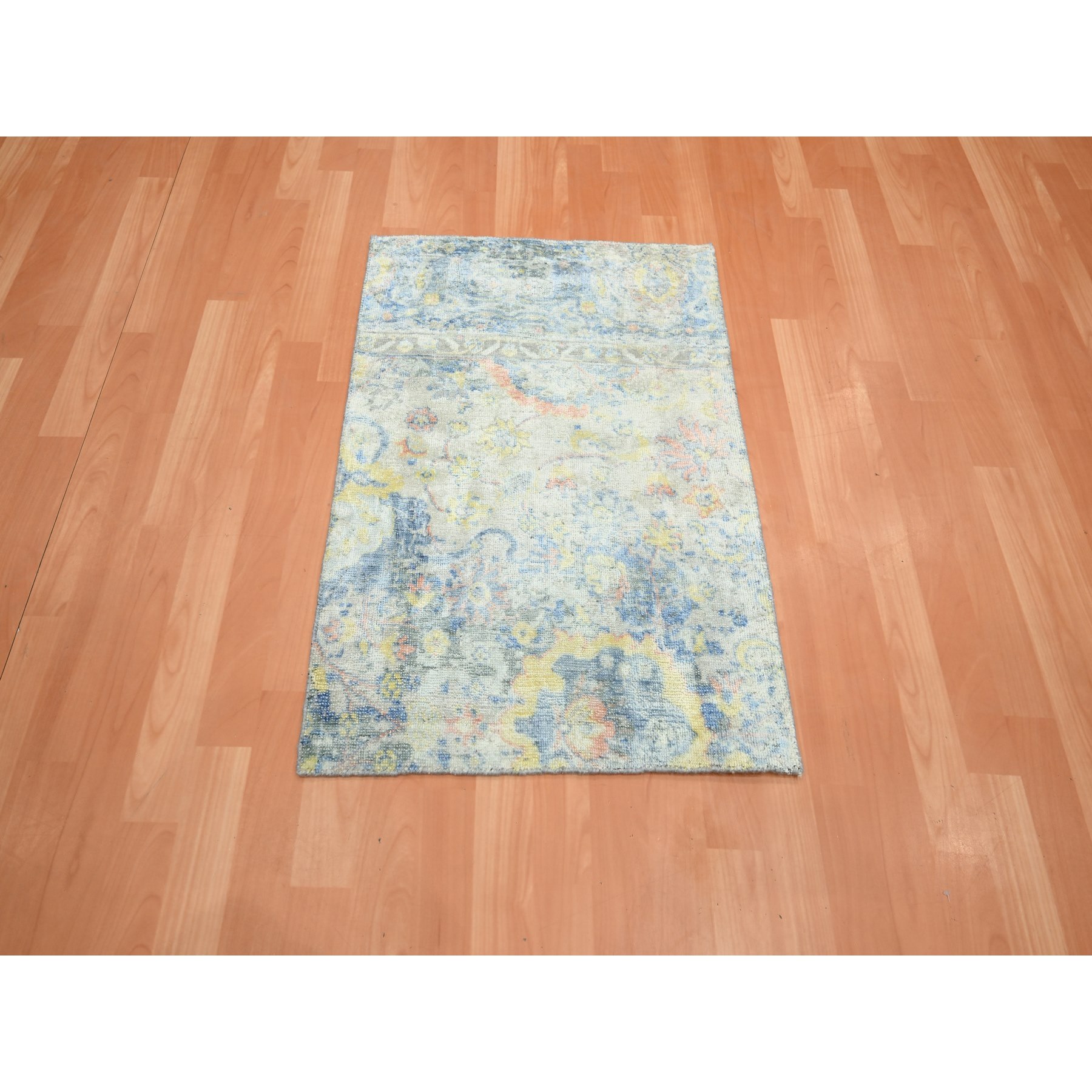 2'1"x2'10" Pastel Gray, Colorful Oushak with All Over Design, Oxidized Wool and Pure Silk, Hand Knotted, Sample, Mat, Oriental Rug Sh75664