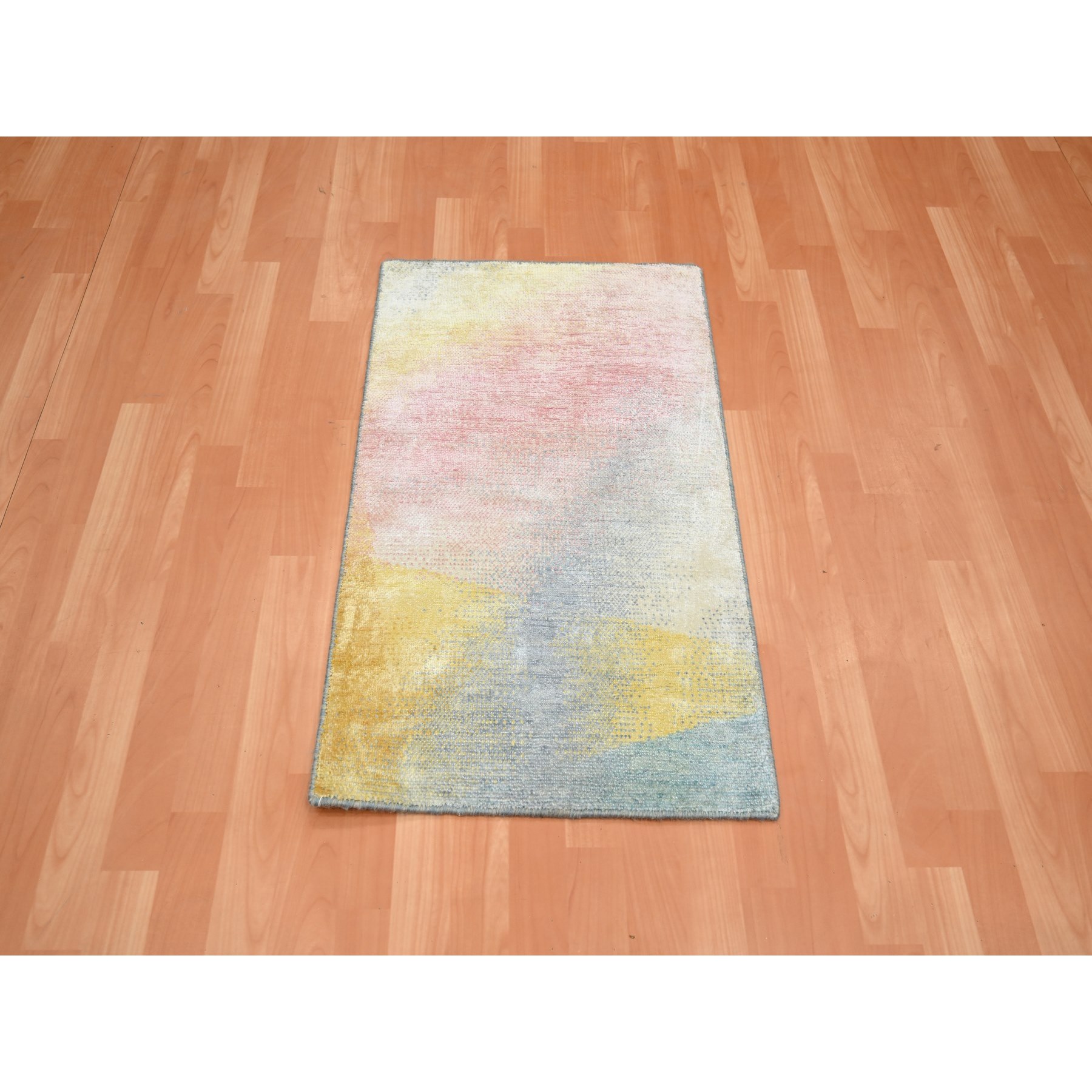 2'x3'1" Pink with Pastel Colors, Modern Design, Wool and Silk, Hand Knotted, Sample, Mat, Oriental Rug Sh75665