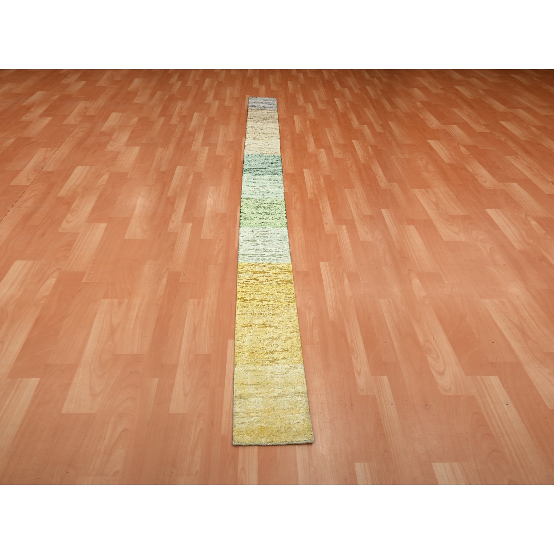 1'x11'2" Brown, Modern Design, Colorful Curtain Blanket Color Shades for Custom Orders, Wool & Silk, Hand Knotted, Narrow Runner, Oriental Rug Sh75668