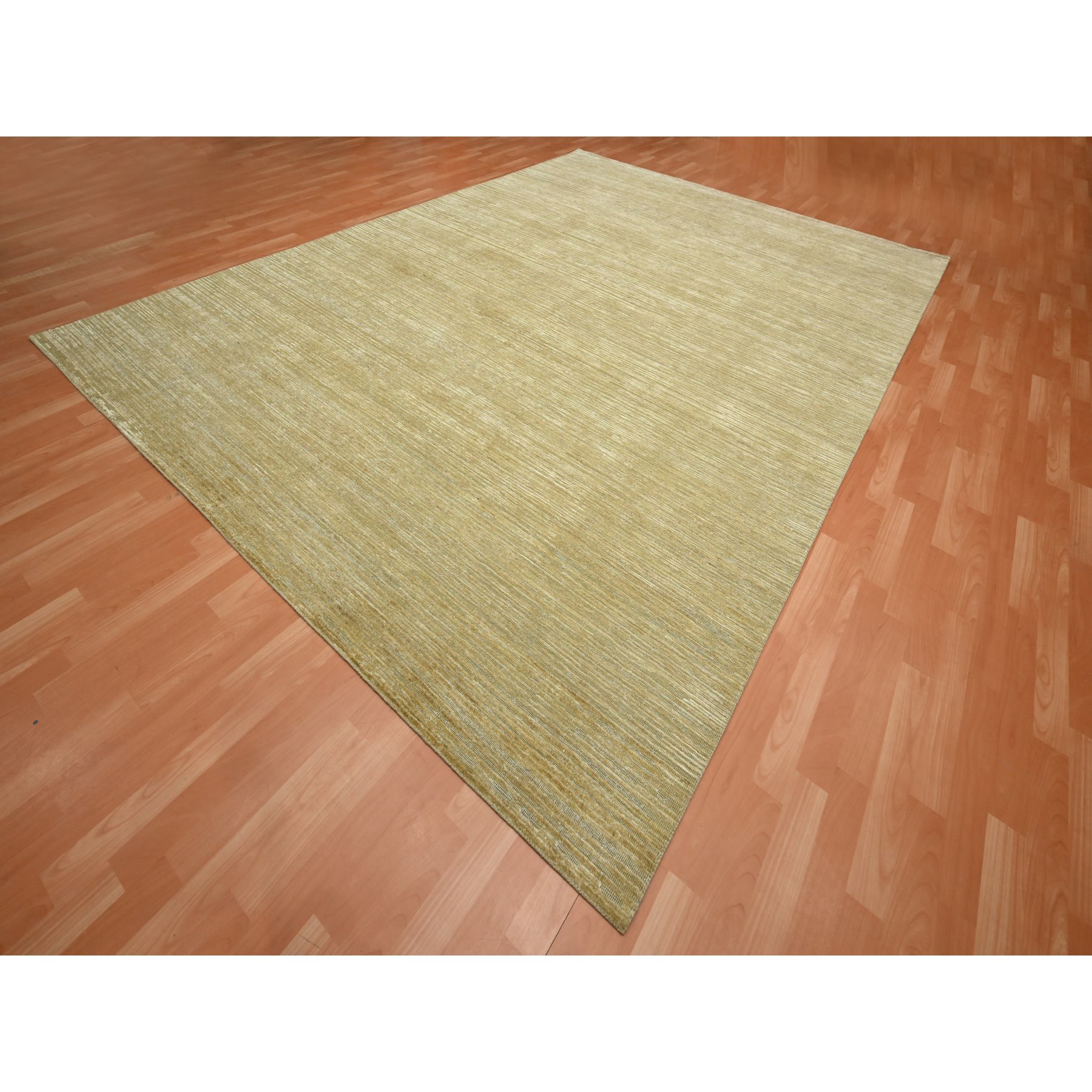 9'x12'3" Khaki Brown, Plain Solid Design, Silk with Textured Wool, Hand Knotted, Oriental Rug Sh75671