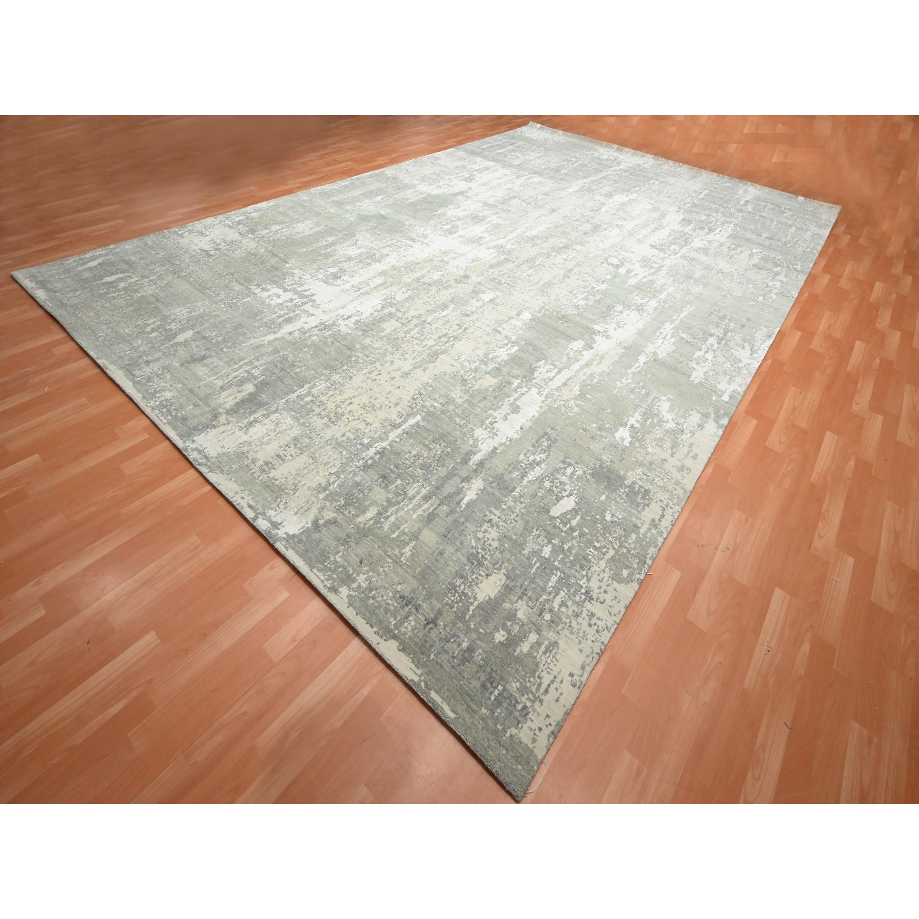 12'x18' Pastel Gray, Modern Abstract Design with Soft Colors, Wool and Pure Silk, Hand Knotted, XL, Oversized, Oriental Rug Sh75673