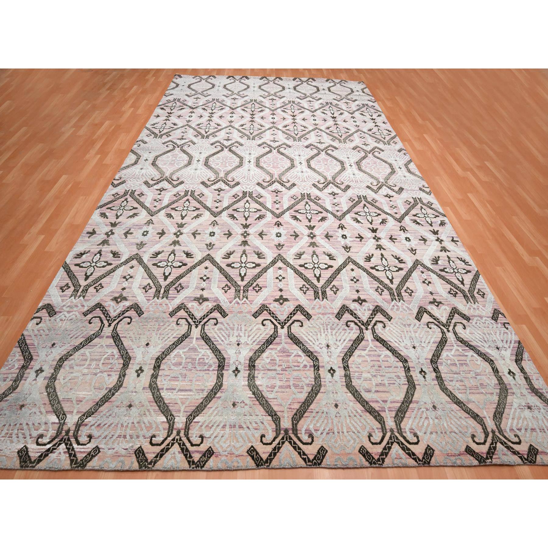 10'x14'2" Rose Pink, Ikat Design with Geometric Pattern, Wool and Silk, Hand Knotted, Oriental Rug Sh75676