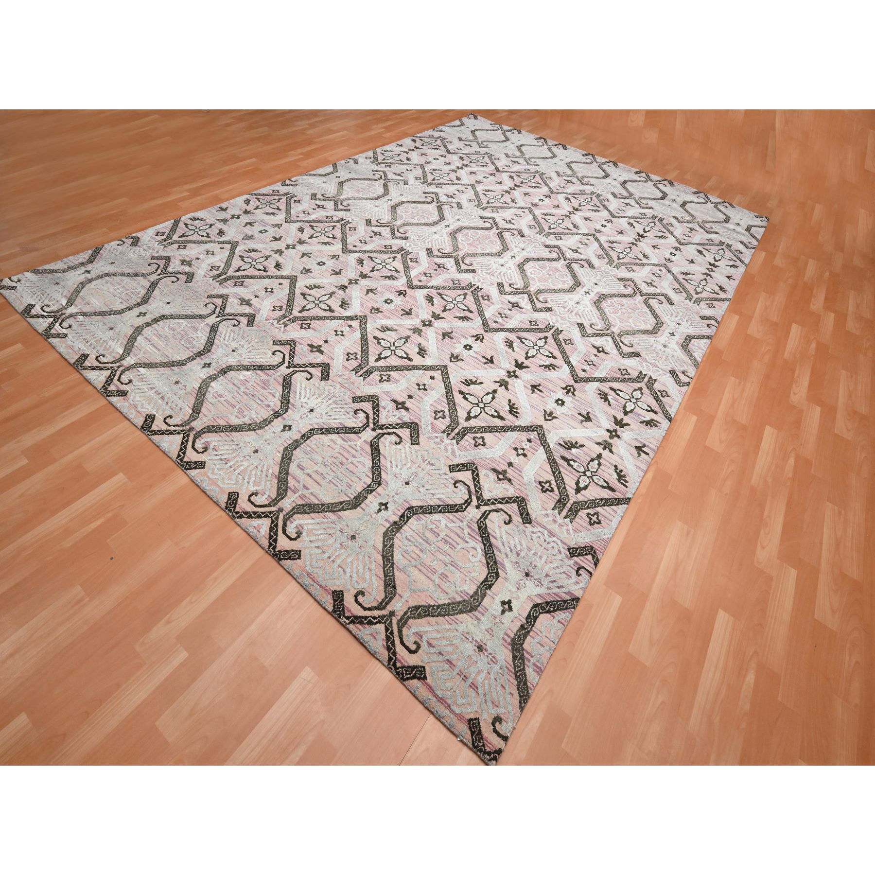 10'x14'2" Rose Pink, Ikat Design with Geometric Pattern, Wool and Silk, Hand Knotted, Oriental Rug Sh75676