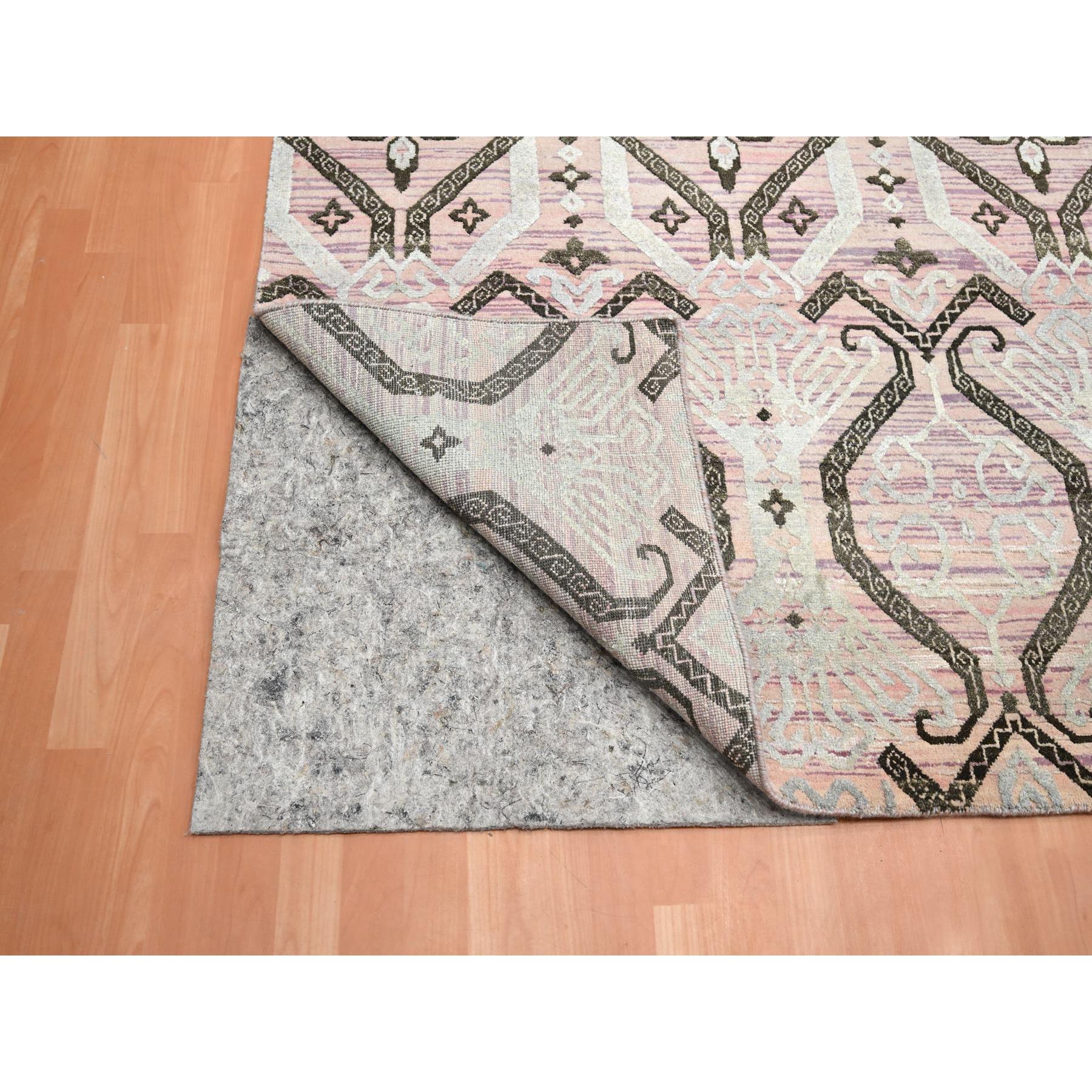 10'x14'2" Rose Pink, Ikat Design with Geometric Pattern, Wool and Silk, Hand Knotted, Oriental Rug Sh75676