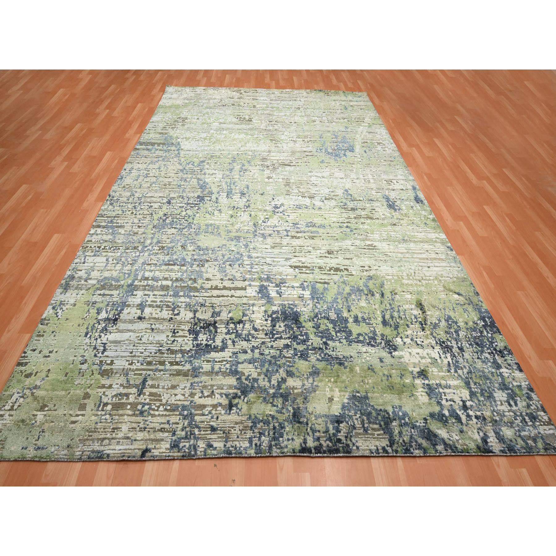 8'9"x12' Olive Green, Modern Abstract Design, Real Silk with Oxidized Wool, Hand Knotted, Oriental Rug Sh75679