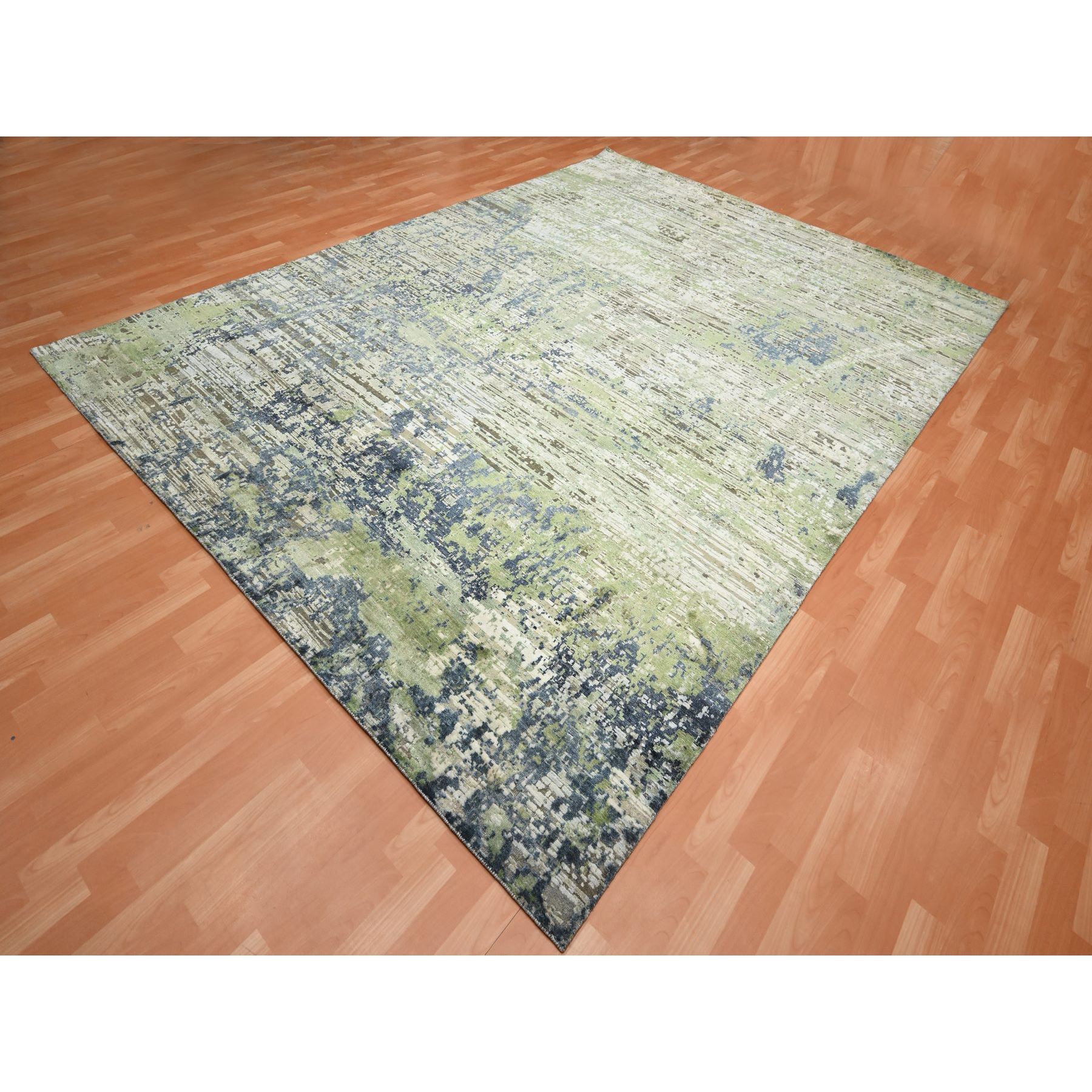8'9"x12' Olive Green, Modern Abstract Design, Real Silk with Oxidized Wool, Hand Knotted, Oriental Rug Sh75679