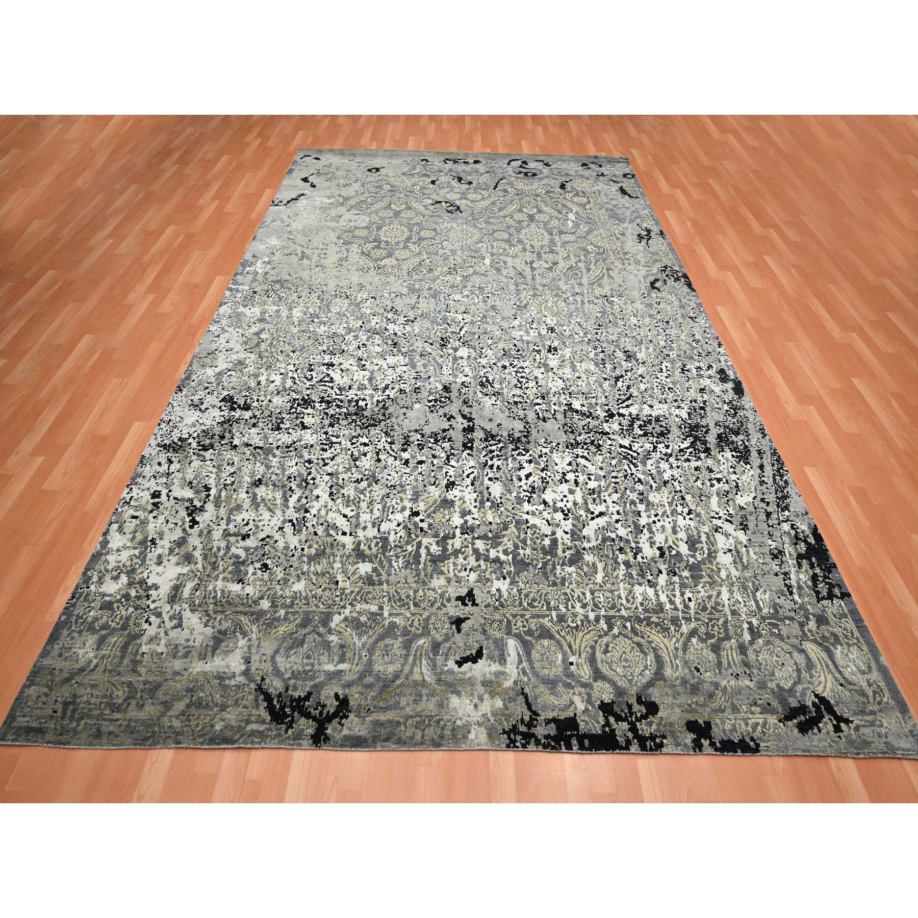 9'x12'2" Charcoal Gray with Black, Broken and Erased Persian Design, Wool and Real Silk, Hand Knotted, Oriental Rug Sh75680