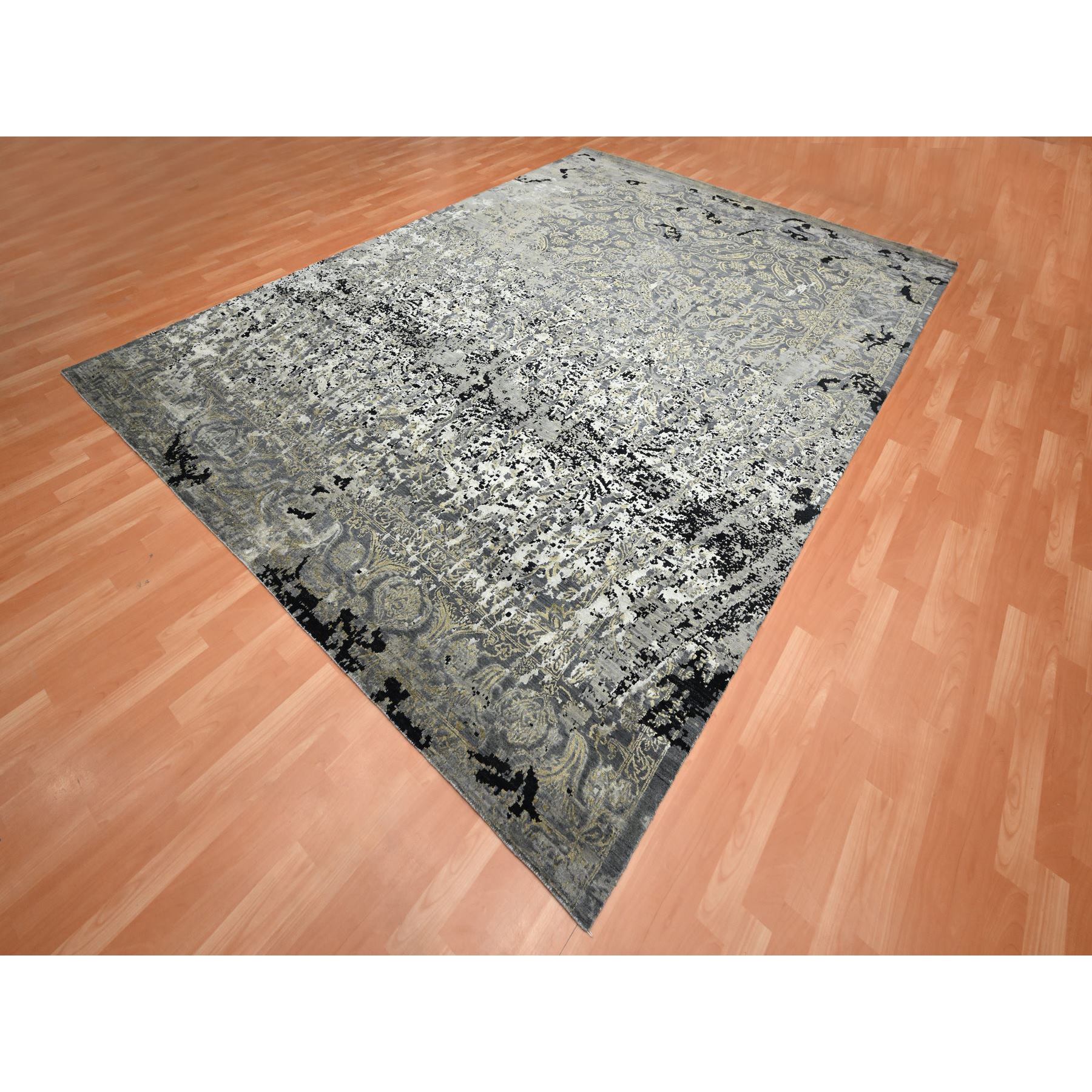 9'x12'2" Charcoal Gray with Black, Broken and Erased Persian Design, Wool and Real Silk, Hand Knotted, Oriental Rug Sh75680