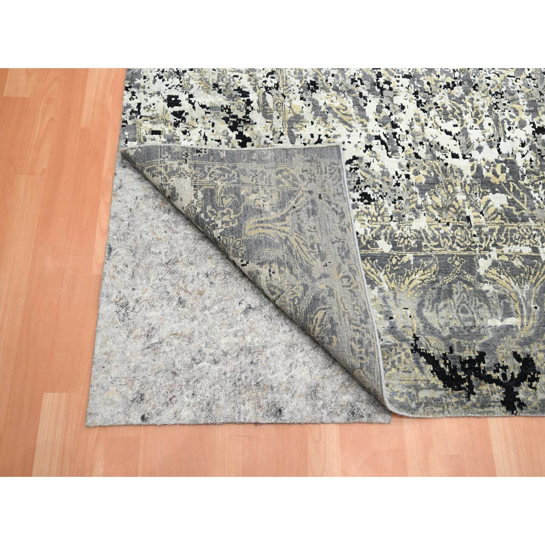 9'x12'2" Charcoal Gray with Black, Broken and Erased Persian Design, Wool and Real Silk, Hand Knotted, Oriental Rug Sh75680