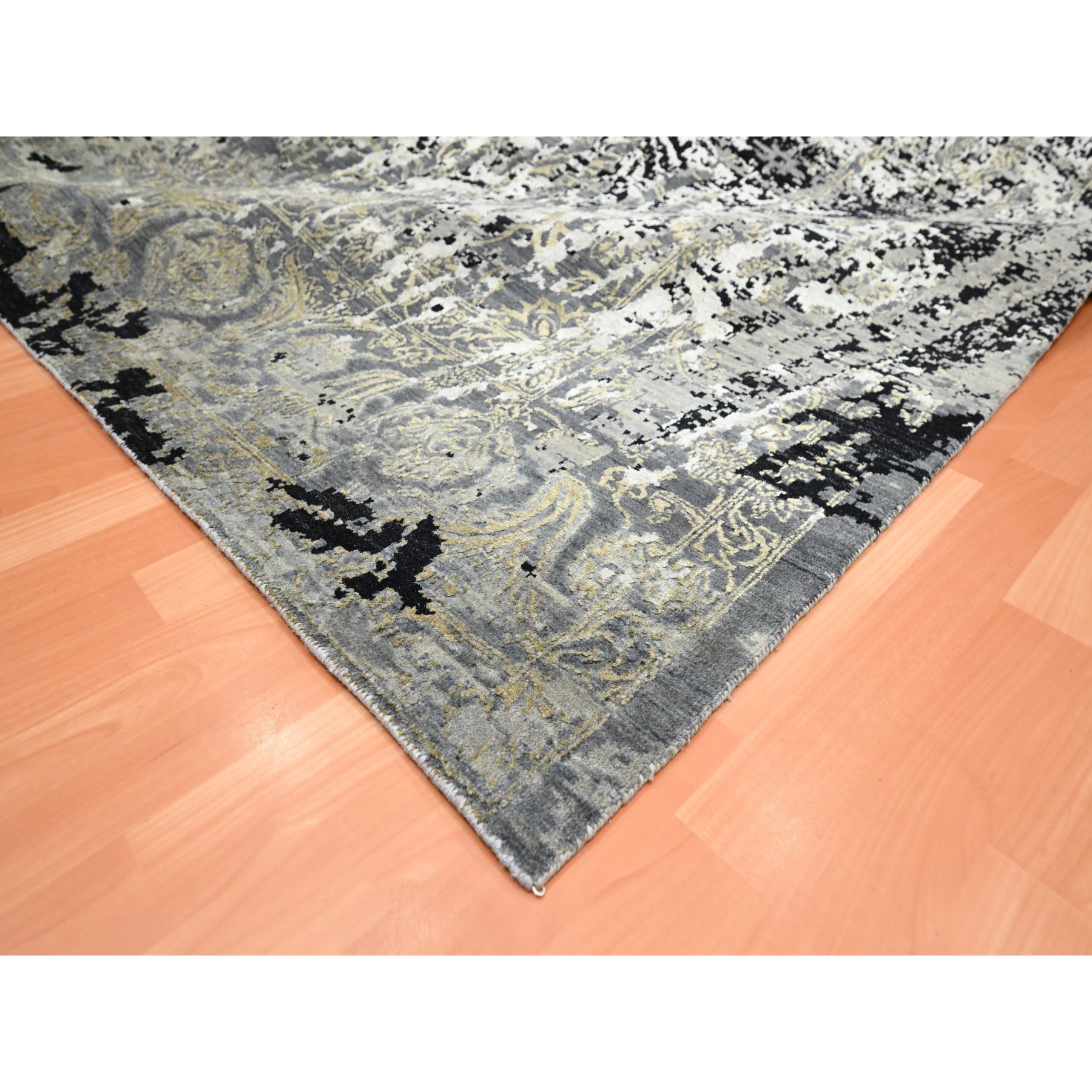 9'x12'2" Charcoal Gray with Black, Broken and Erased Persian Design, Wool and Real Silk, Hand Knotted, Oriental Rug Sh75680