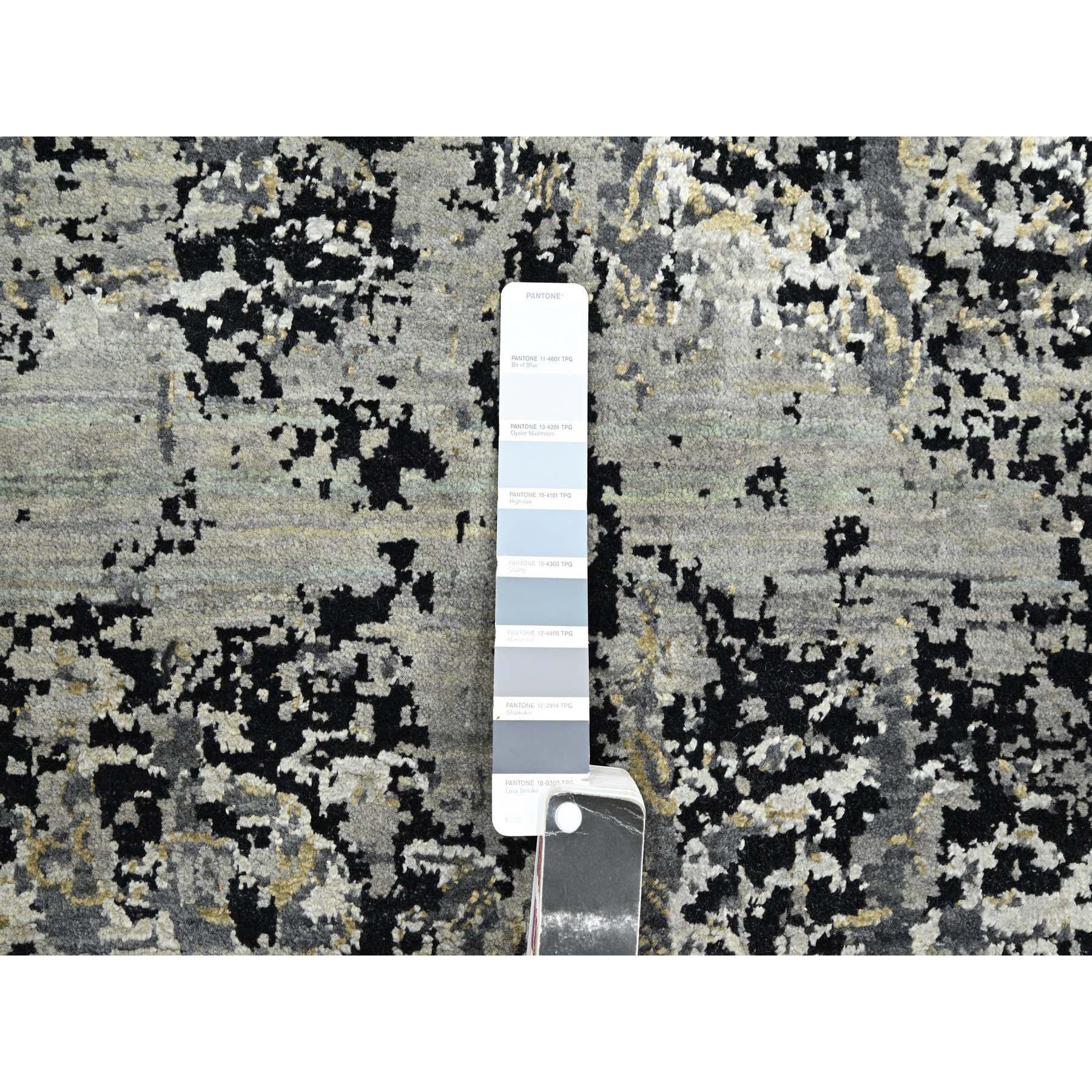 9'x12'2" Charcoal Gray with Black, Broken and Erased Persian Design, Wool and Real Silk, Hand Knotted, Oriental Rug Sh75680