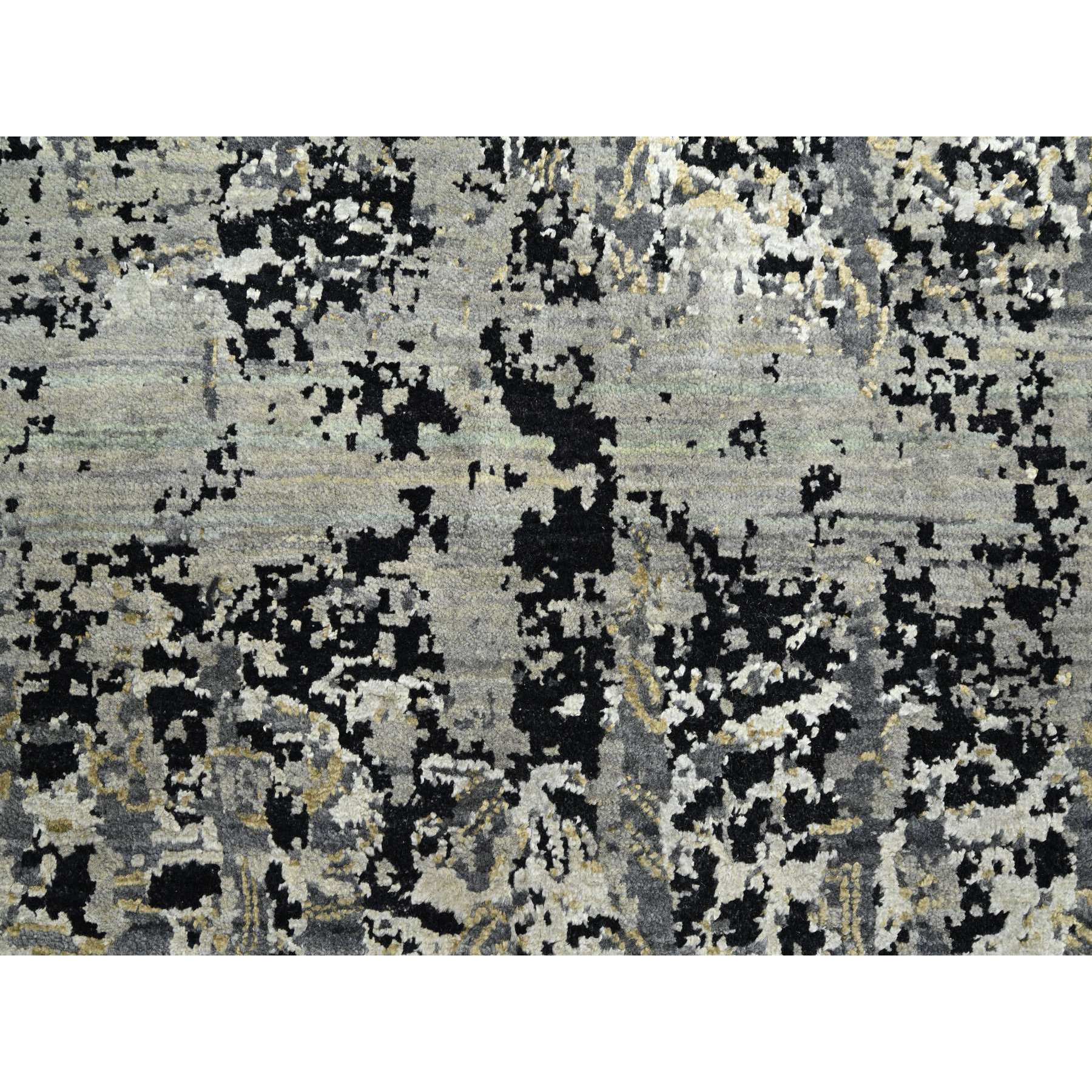 9'x12'2" Charcoal Gray with Black, Broken and Erased Persian Design, Wool and Real Silk, Hand Knotted, Oriental Rug Sh75680