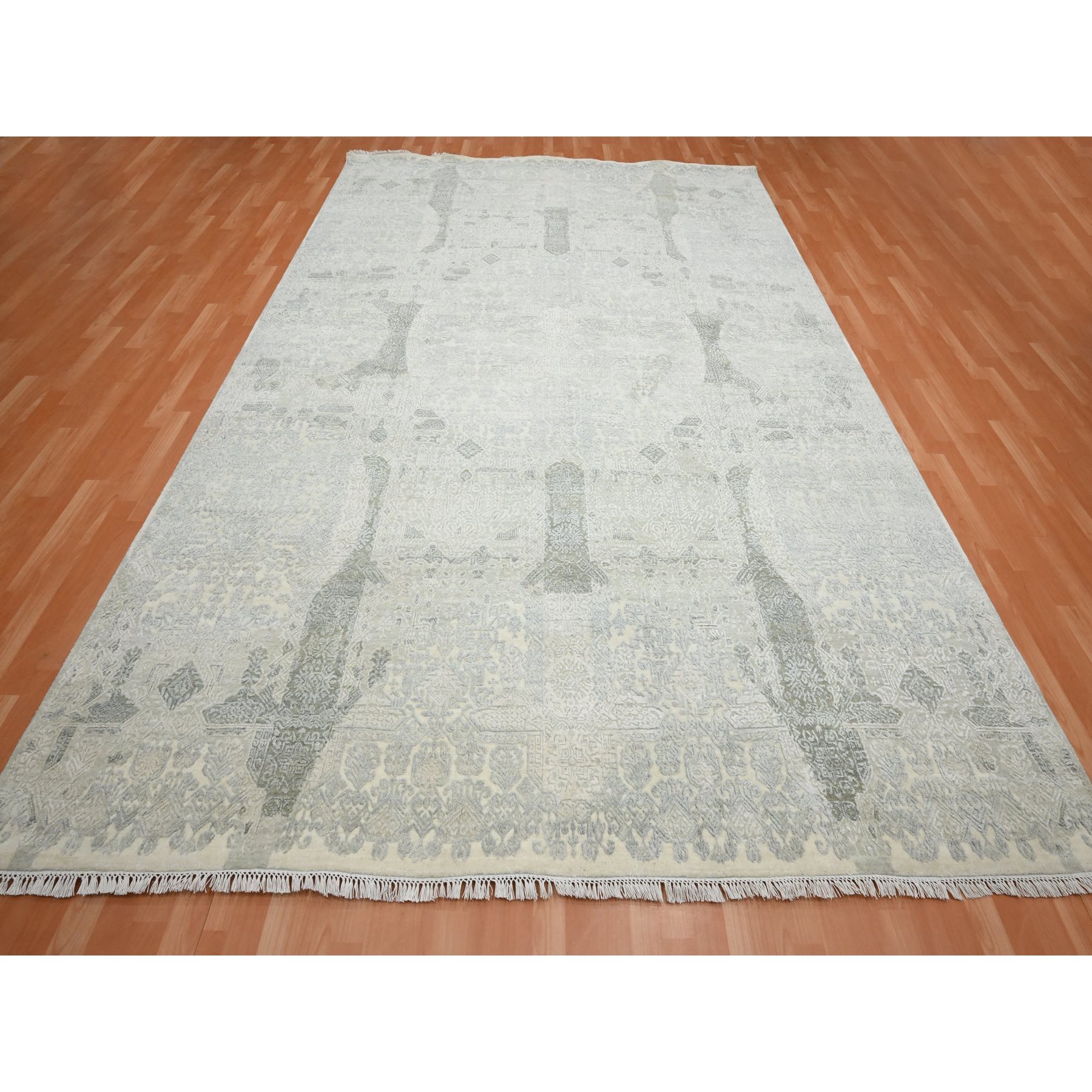 8'10"x12' Alabaster White, Jewelry Design, Wool and Silk, Hand Knotted, Densely Woven, Oriental Rug Sh75682