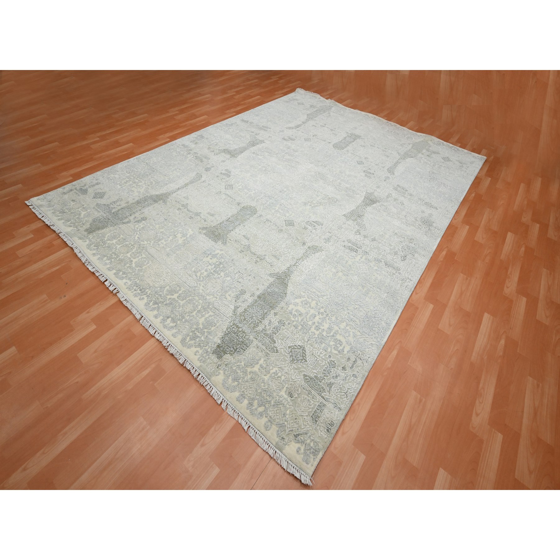 8'10"x12' Alabaster White, Jewelry Design, Wool and Silk, Hand Knotted, Densely Woven, Oriental Rug Sh75682