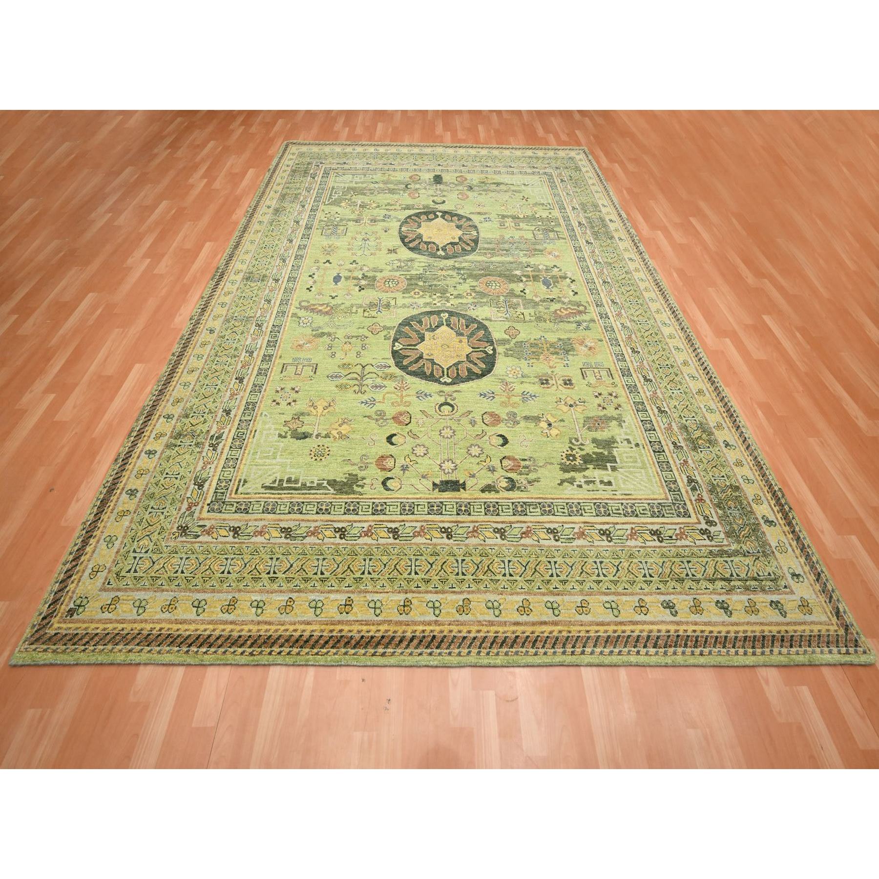 9'x12'1" Shades of Green, Khotan Design, 100% Wool, Shaved Low, Hand Knotted, Densely Woven, Oriental Rug Sh75684