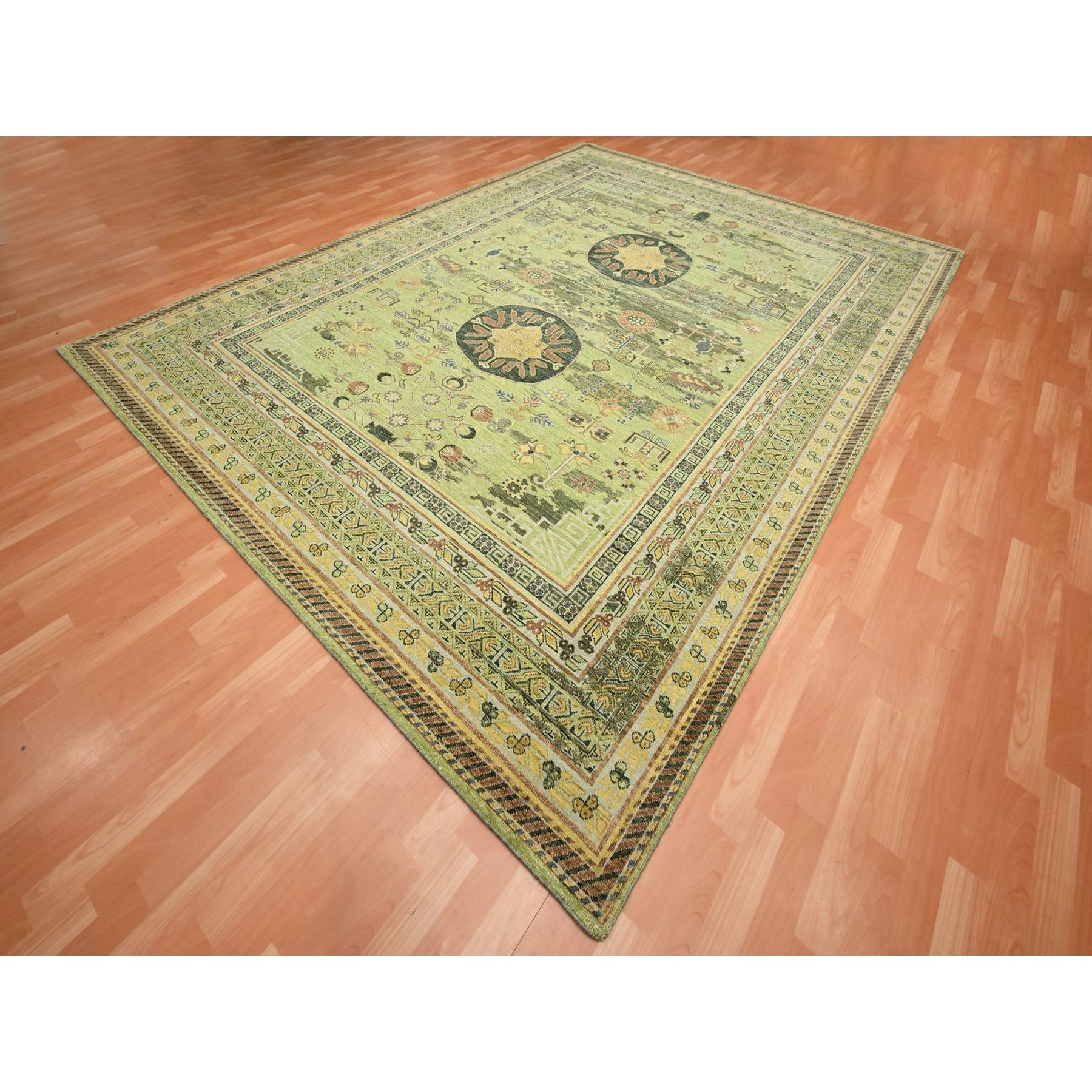 9'x12'1" Shades of Green, Khotan Design, 100% Wool, Shaved Low, Hand Knotted, Densely Woven, Oriental Rug Sh75684