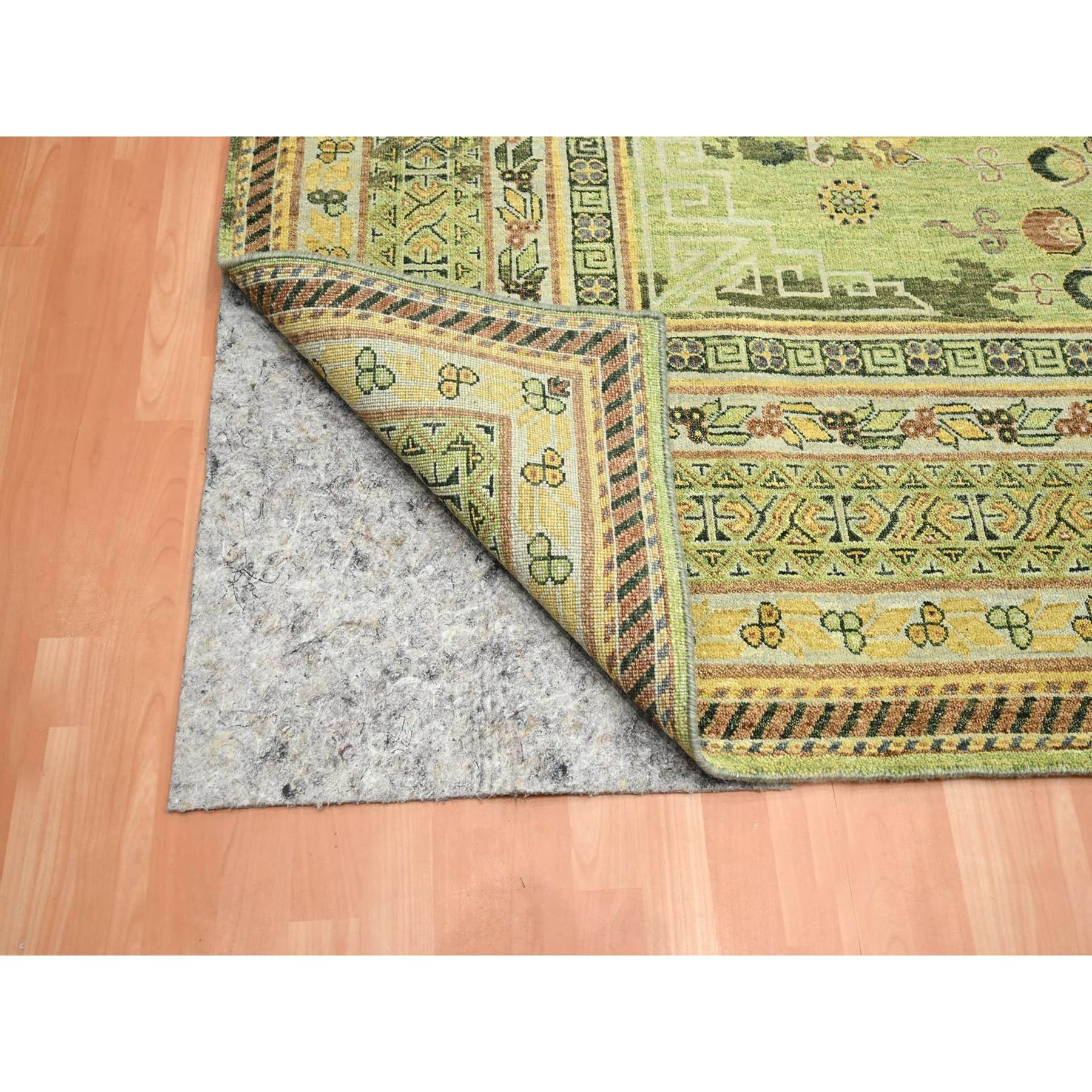 9'x12'1" Shades of Green, Khotan Design, 100% Wool, Shaved Low, Hand Knotted, Densely Woven, Oriental Rug Sh75684