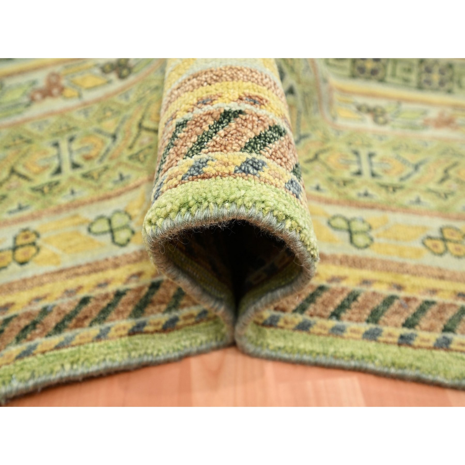 9'x12'1" Shades of Green, Khotan Design, 100% Wool, Shaved Low, Hand Knotted, Densely Woven, Oriental Rug Sh75684