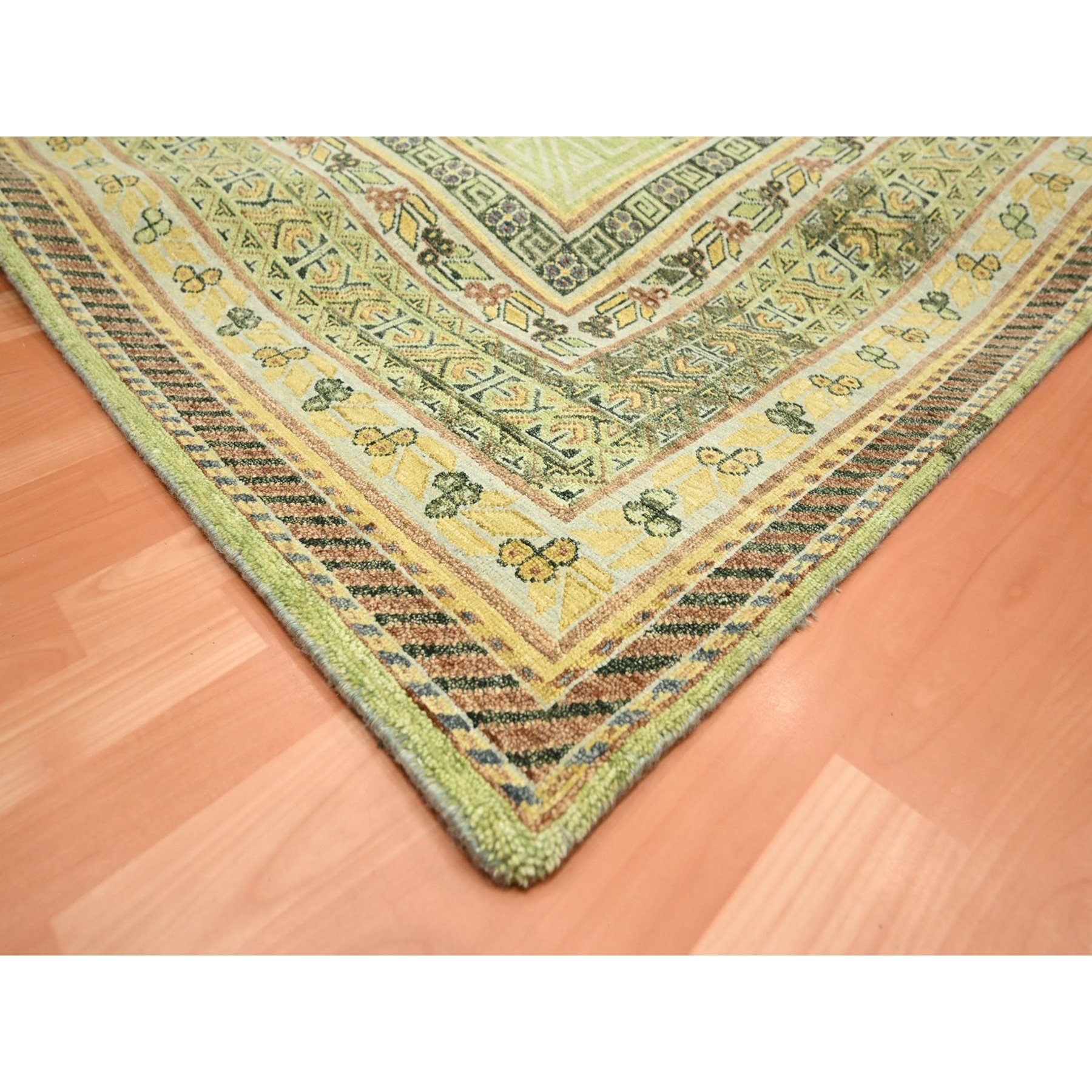 9'x12'1" Shades of Green, Khotan Design, 100% Wool, Shaved Low, Hand Knotted, Densely Woven, Oriental Rug Sh75684