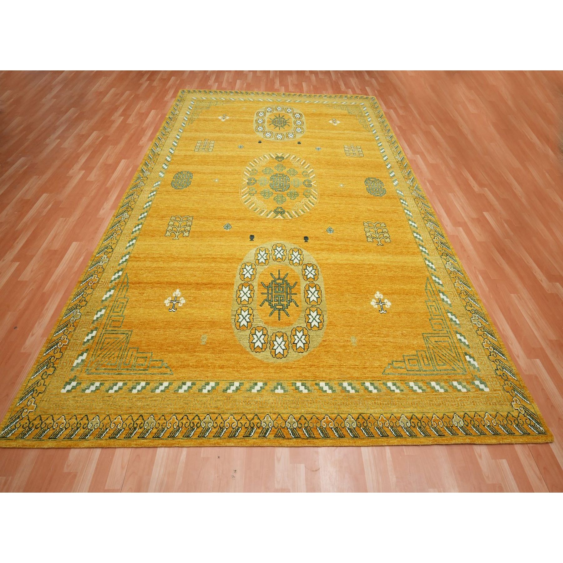 9'x12'4" Golden Yellow, Khotan Design, Hand Knotted, 100% Wool, Shaved Low, Densely Woven, Oriental Rug Sh75685
