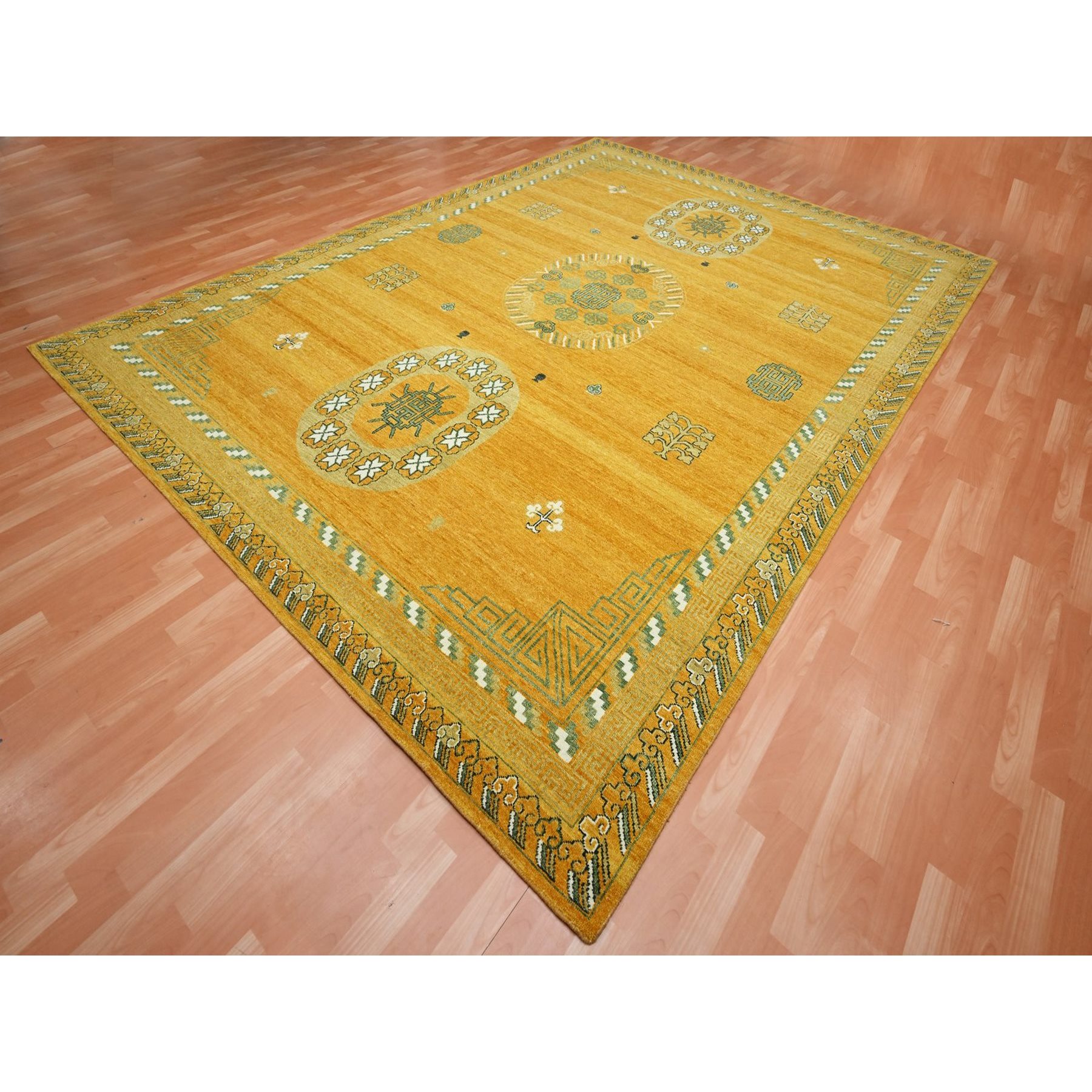 9'x12'4" Golden Yellow, Khotan Design, Hand Knotted, 100% Wool, Shaved Low, Densely Woven, Oriental Rug Sh75685