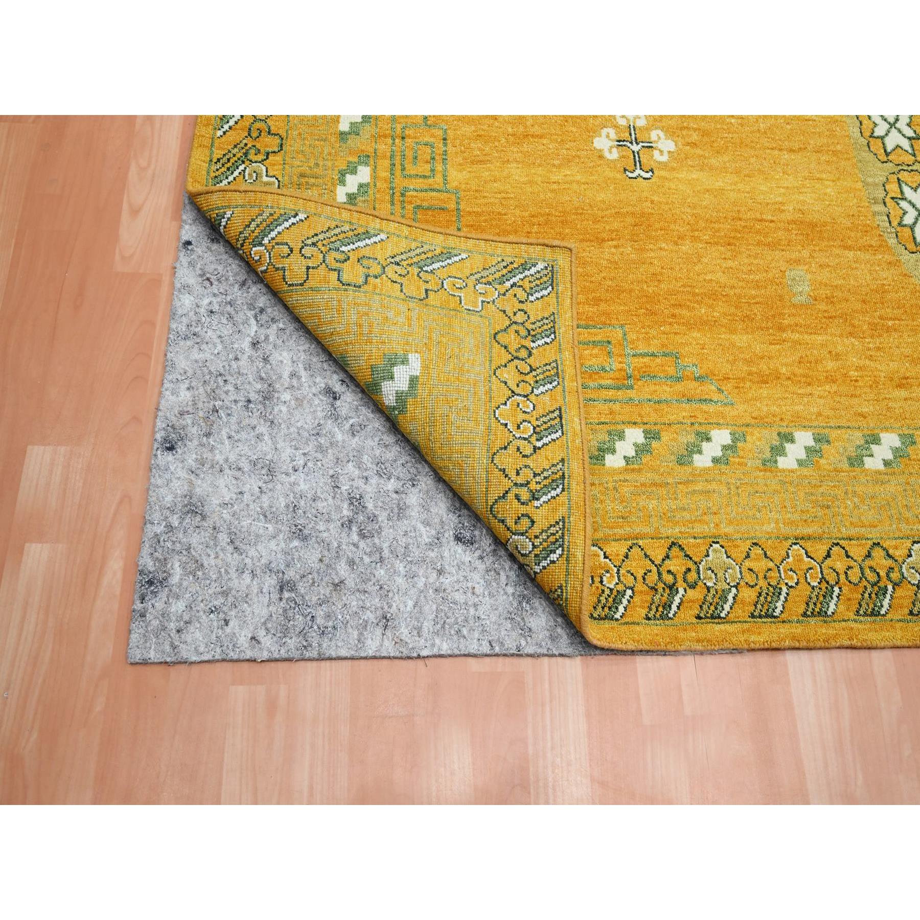 9'x12'4" Golden Yellow, Khotan Design, Hand Knotted, 100% Wool, Shaved Low, Densely Woven, Oriental Rug Sh75685