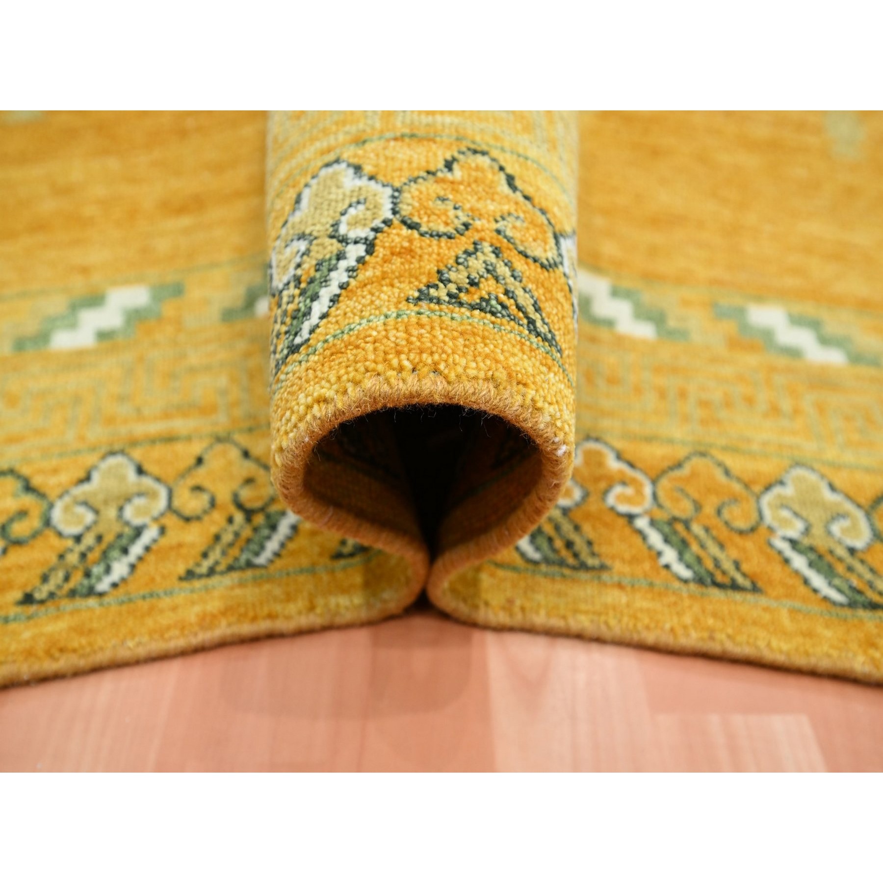 9'x12'4" Golden Yellow, Khotan Design, Hand Knotted, 100% Wool, Shaved Low, Densely Woven, Oriental Rug Sh75685
