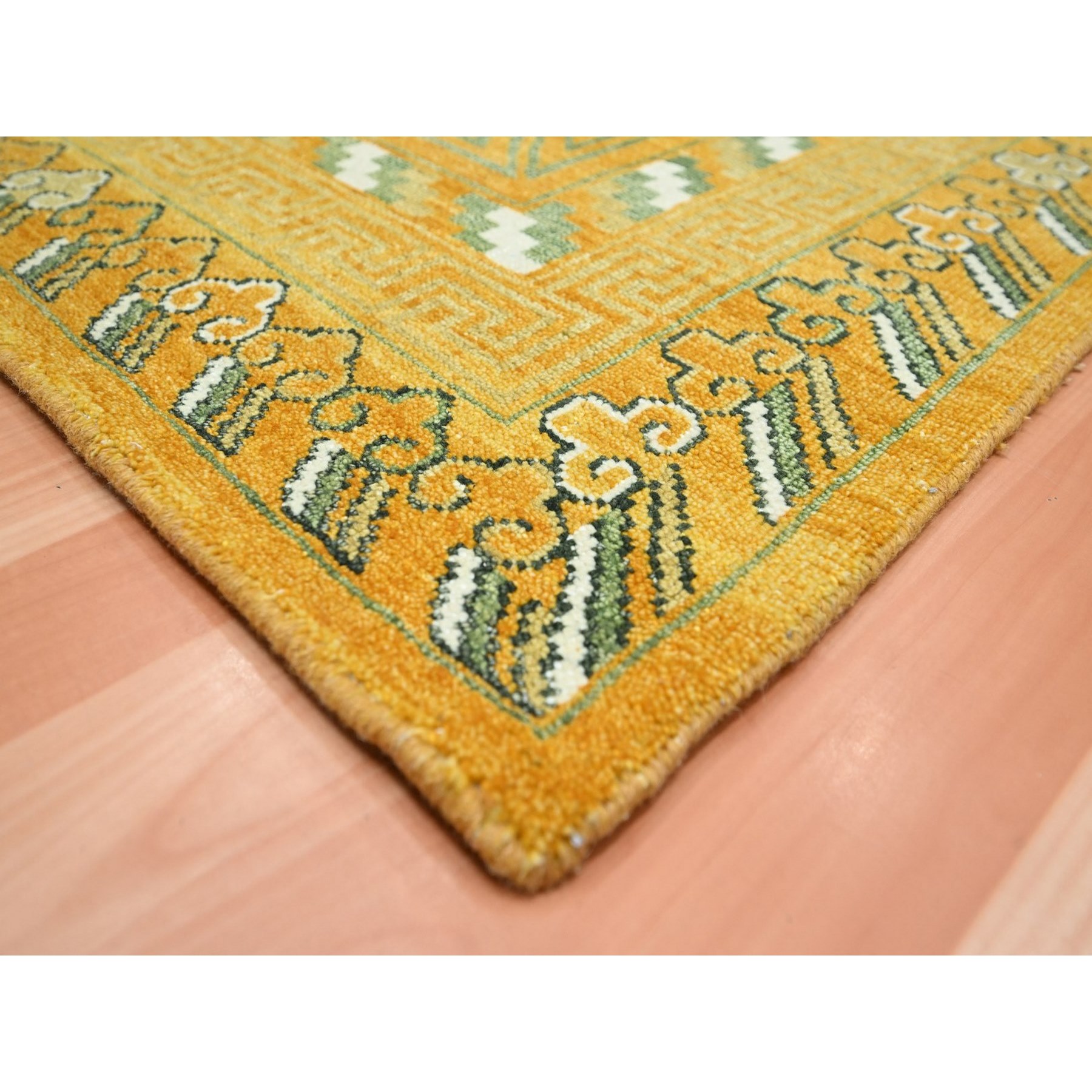 9'x12'4" Golden Yellow, Khotan Design, Hand Knotted, 100% Wool, Shaved Low, Densely Woven, Oriental Rug Sh75685