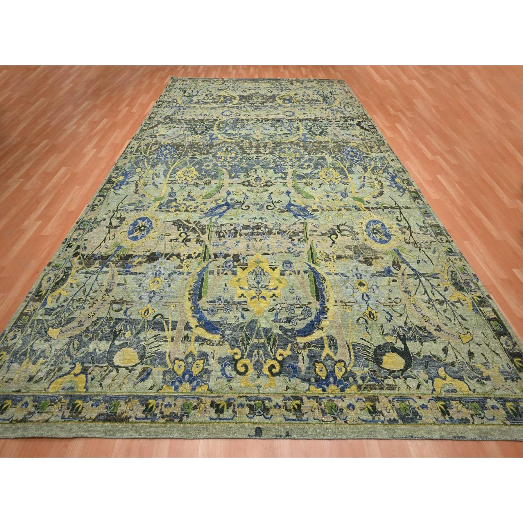 10'1"x14'1" Sage Green, Broken and Erased Persian Inspired with Birds Design, Distinct Abrash, Shaved Low, Hand Knotted, Pure Wool, Oriental Rug Sh75686