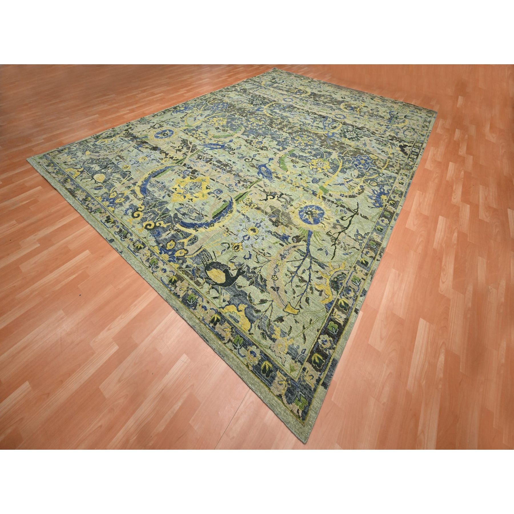 10'1"x14'1" Sage Green, Broken and Erased Persian Inspired with Birds Design, Distinct Abrash, Shaved Low, Hand Knotted, Pure Wool, Oriental Rug Sh75686
