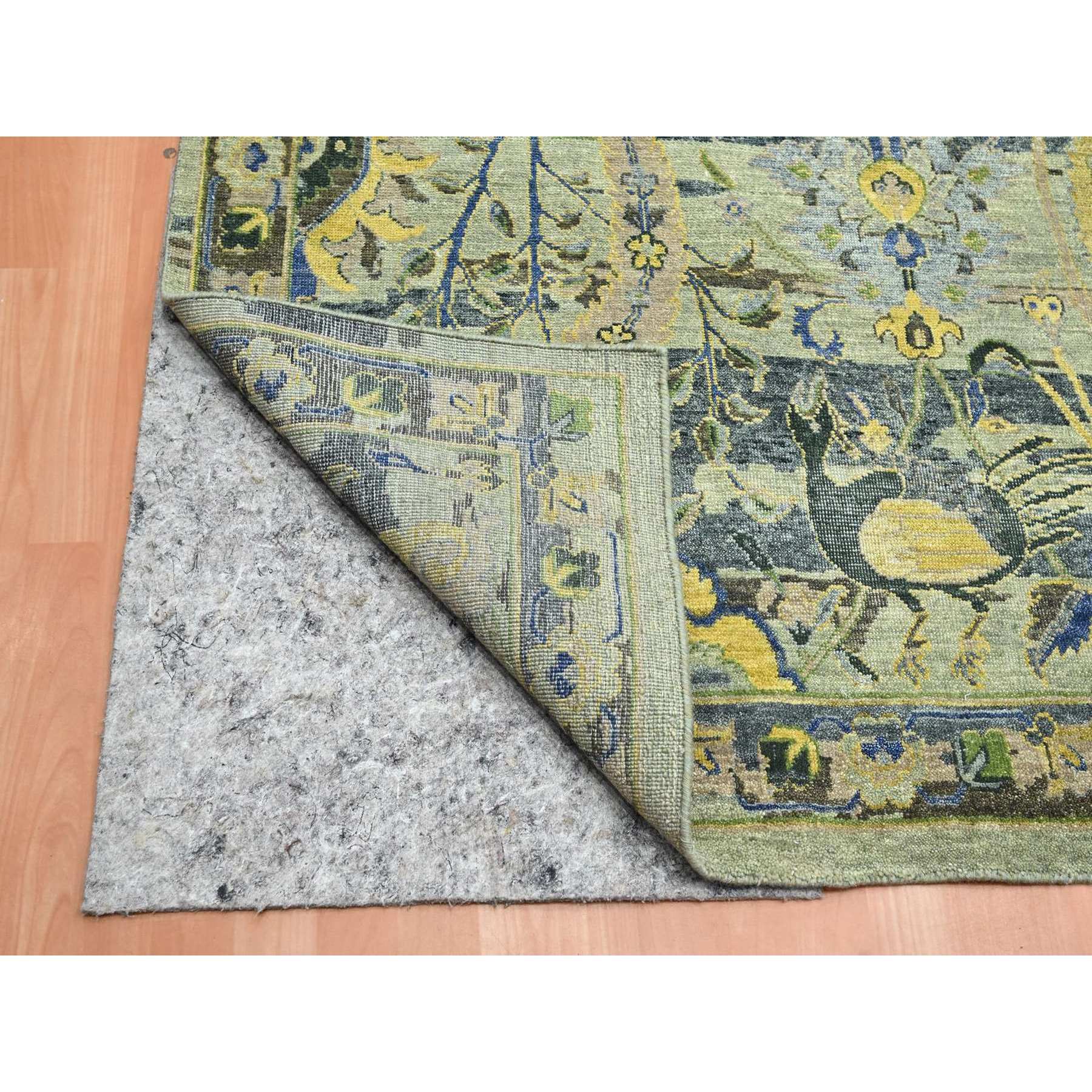 10'1"x14'1" Sage Green, Broken and Erased Persian Inspired with Birds Design, Distinct Abrash, Shaved Low, Hand Knotted, Pure Wool, Oriental Rug Sh75686