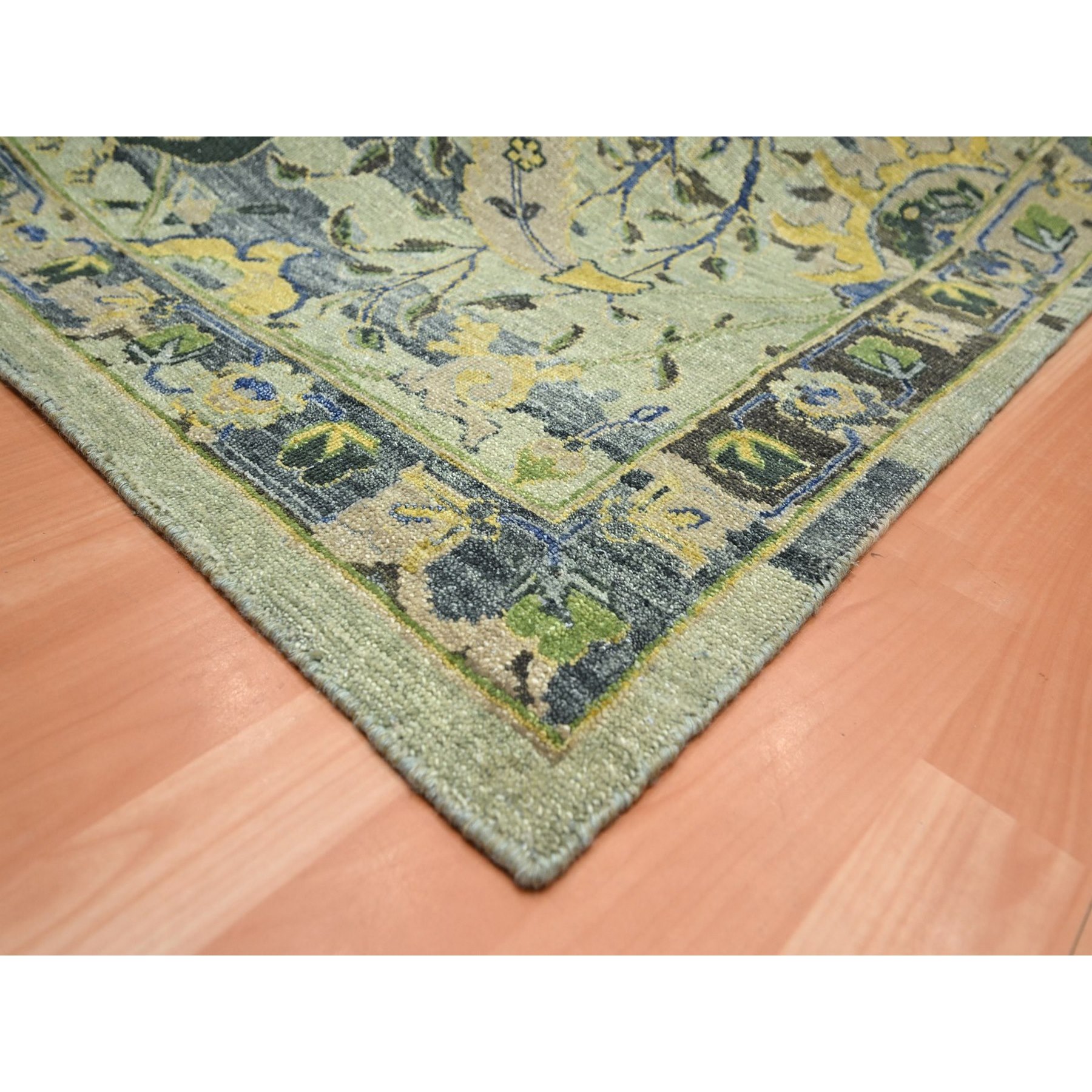 10'1"x14'1" Sage Green, Broken and Erased Persian Inspired with Birds Design, Distinct Abrash, Shaved Low, Hand Knotted, Pure Wool, Oriental Rug Sh75686