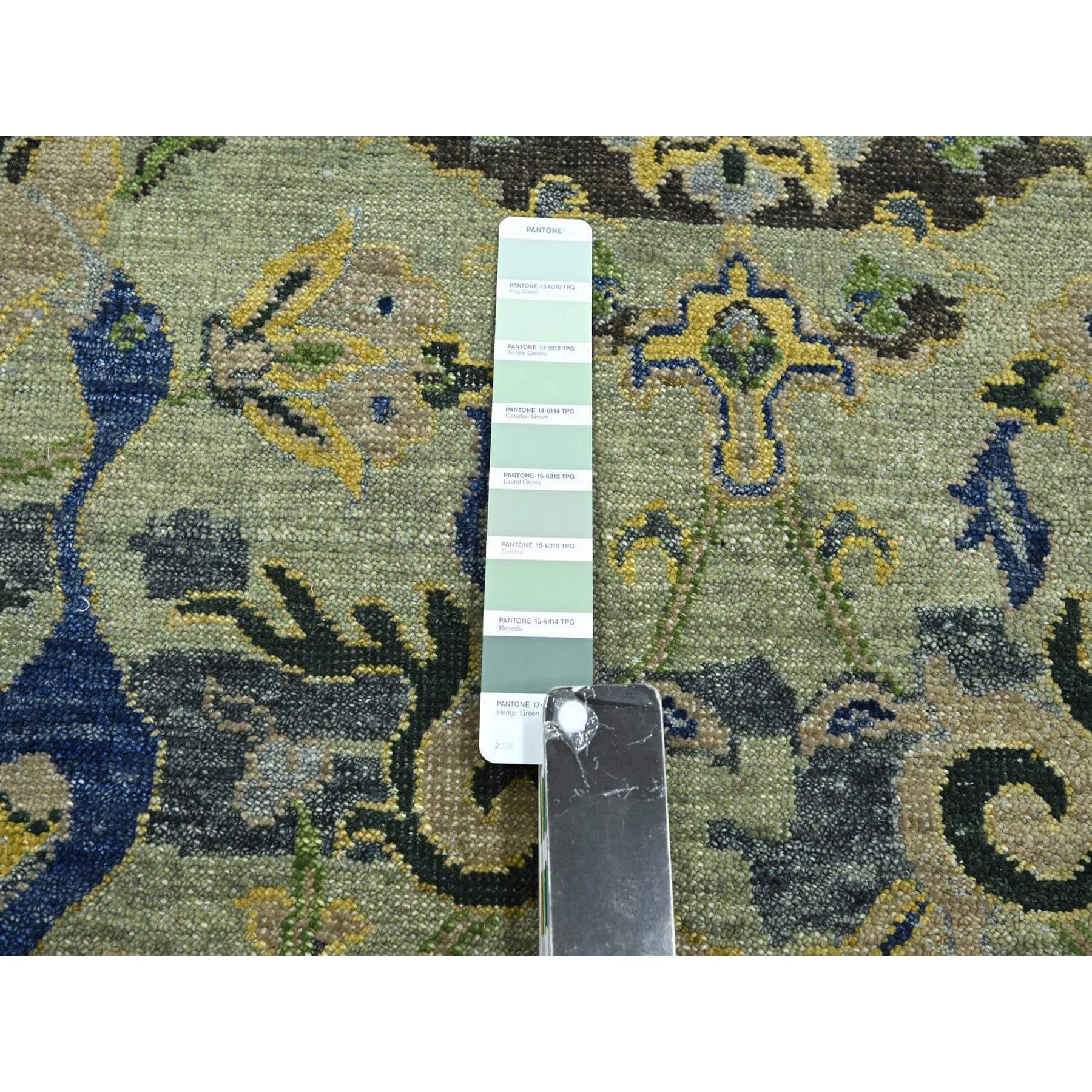 10'1"x14'1" Sage Green, Broken and Erased Persian Inspired with Birds Design, Distinct Abrash, Shaved Low, Hand Knotted, Pure Wool, Oriental Rug Sh75686