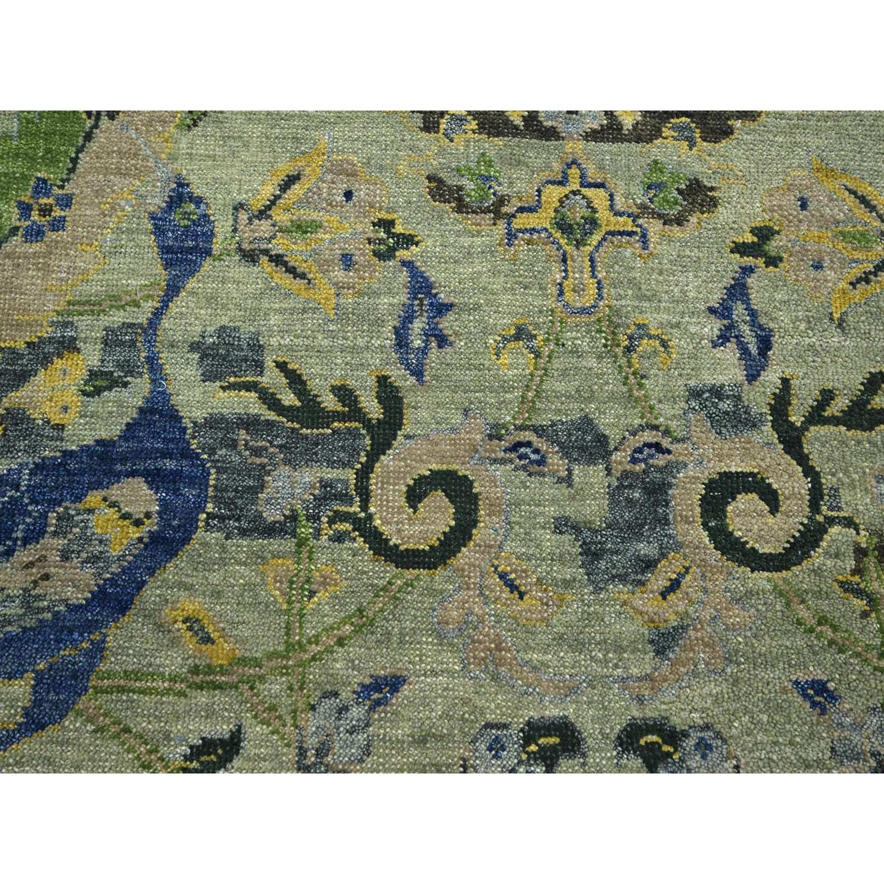 10'1"x14'1" Sage Green, Broken and Erased Persian Inspired with Birds Design, Distinct Abrash, Shaved Low, Hand Knotted, Pure Wool, Oriental Rug Sh75686