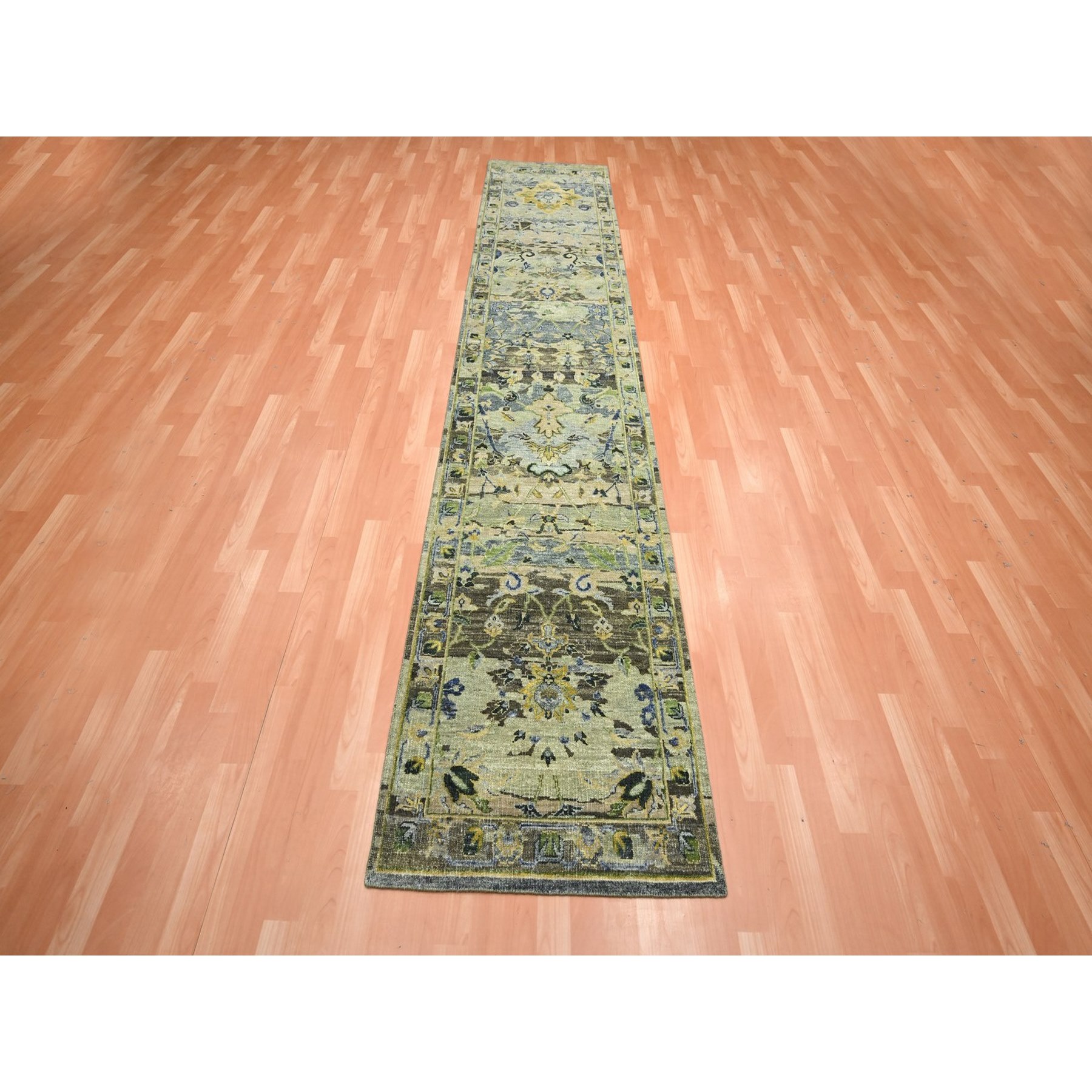 2'6"x12'4" Laurel Green, Broken and Erased Persian Inspired with Birds Design, Hand Knotted, Distinct Abrash, Shaved Low, 100% Wool, Runner, Oriental Rug Sh75687