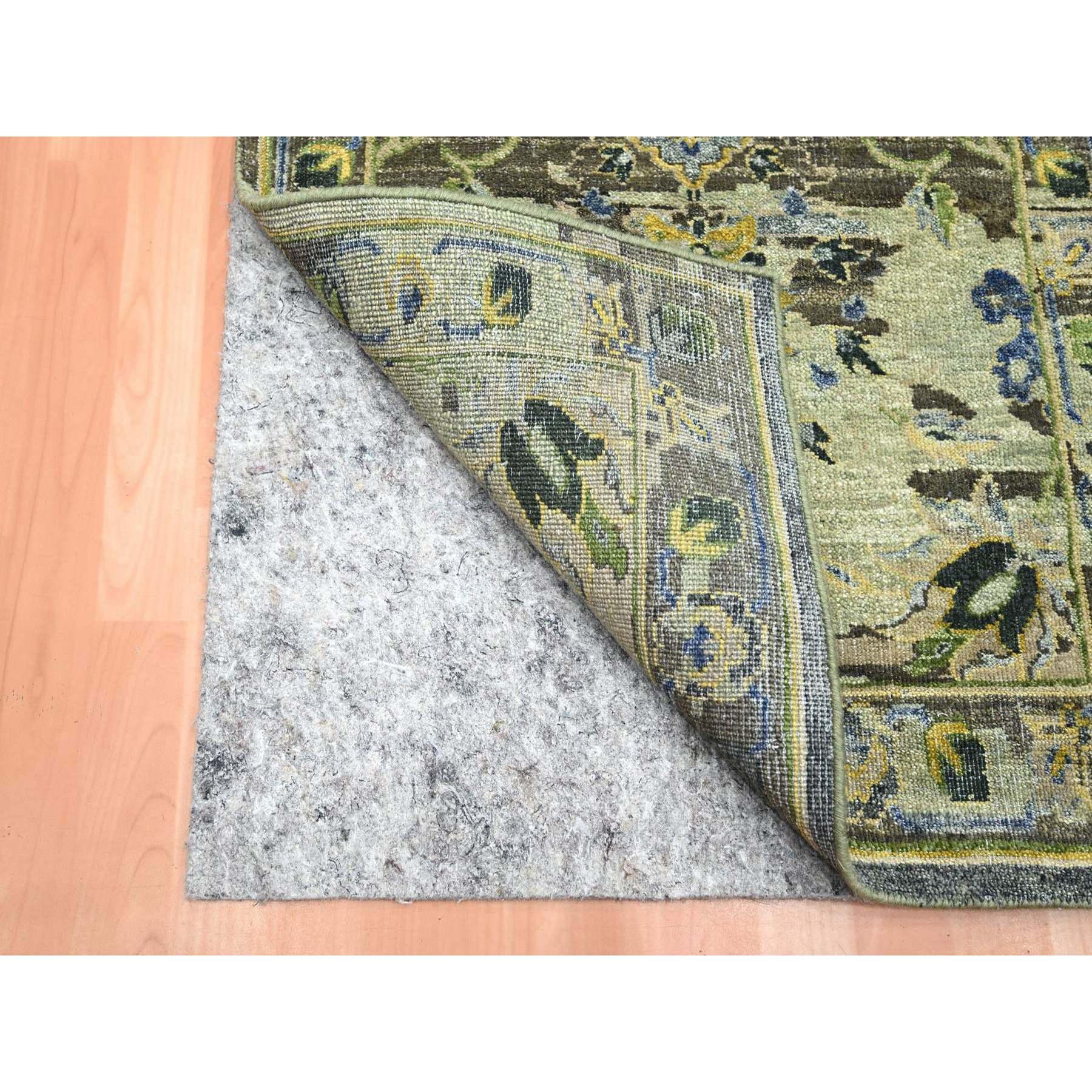 2'6"x12'4" Laurel Green, Broken and Erased Persian Inspired with Birds Design, Hand Knotted, Distinct Abrash, Shaved Low, 100% Wool, Runner, Oriental Rug Sh75687