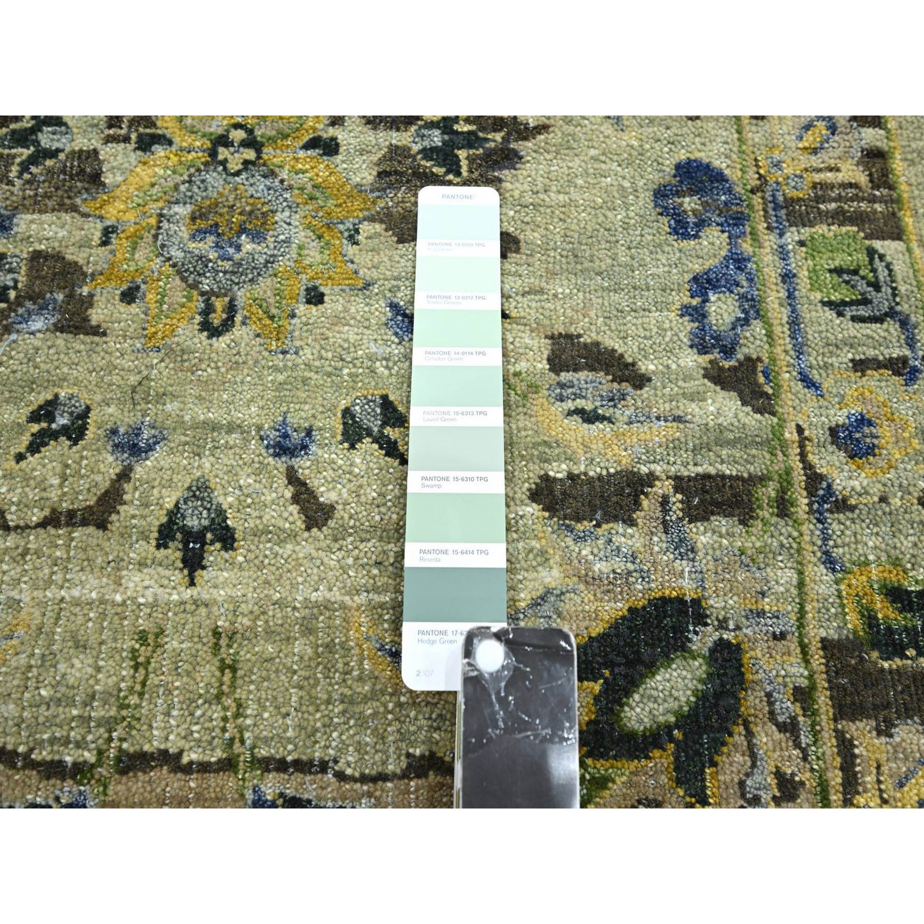 2'6"x12'4" Laurel Green, Broken and Erased Persian Inspired with Birds Design, Hand Knotted, Distinct Abrash, Shaved Low, 100% Wool, Runner, Oriental Rug Sh75687