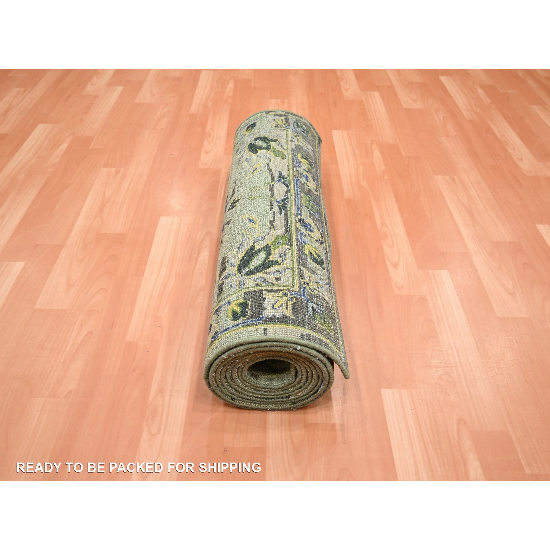 2'6"x12'4" Laurel Green, Broken and Erased Persian Inspired with Birds Design, Hand Knotted, Distinct Abrash, Shaved Low, 100% Wool, Runner, Oriental Rug Sh75687